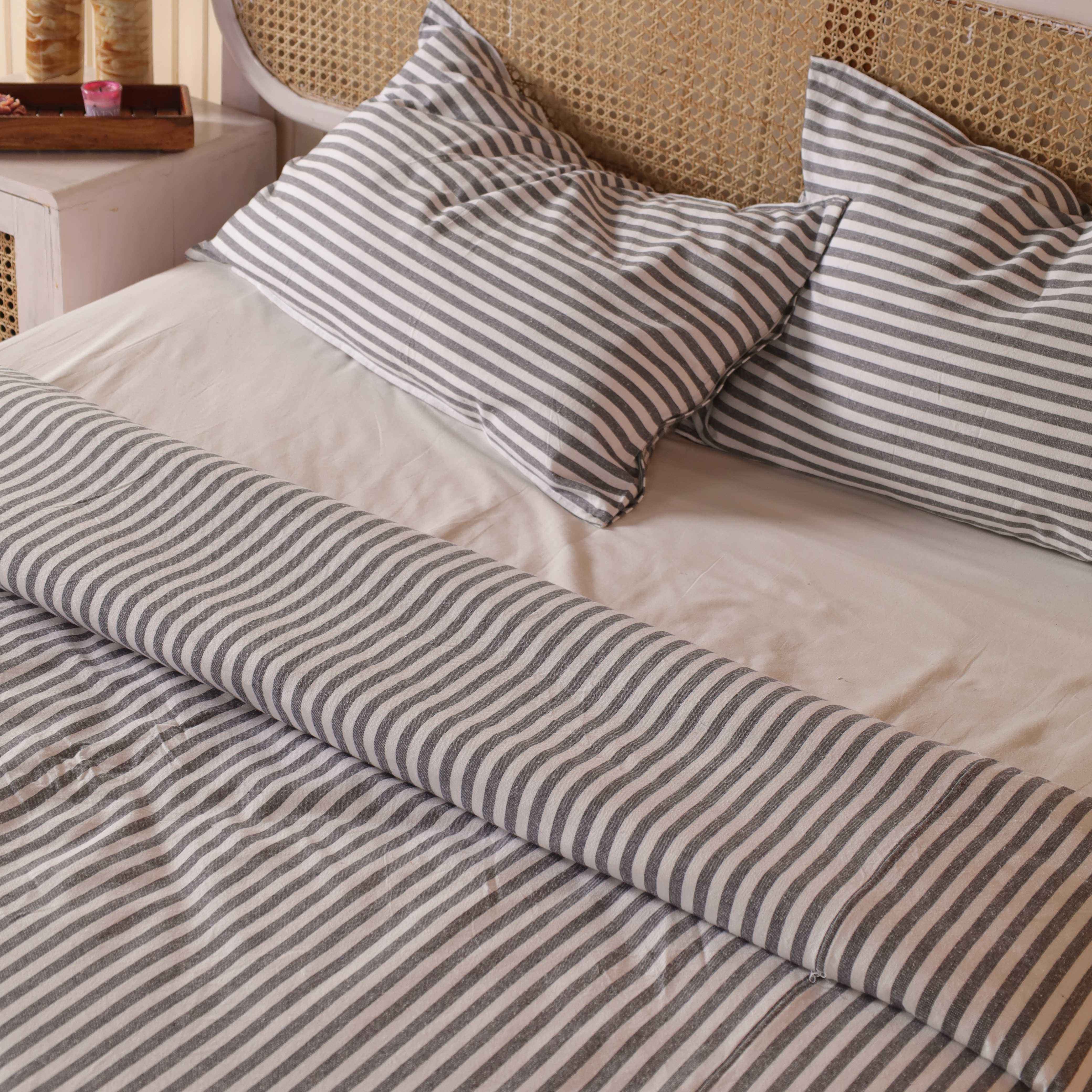 Charcoal Grey Gingham Cotton Bedding Set - Checkered Boho Duvet Cover