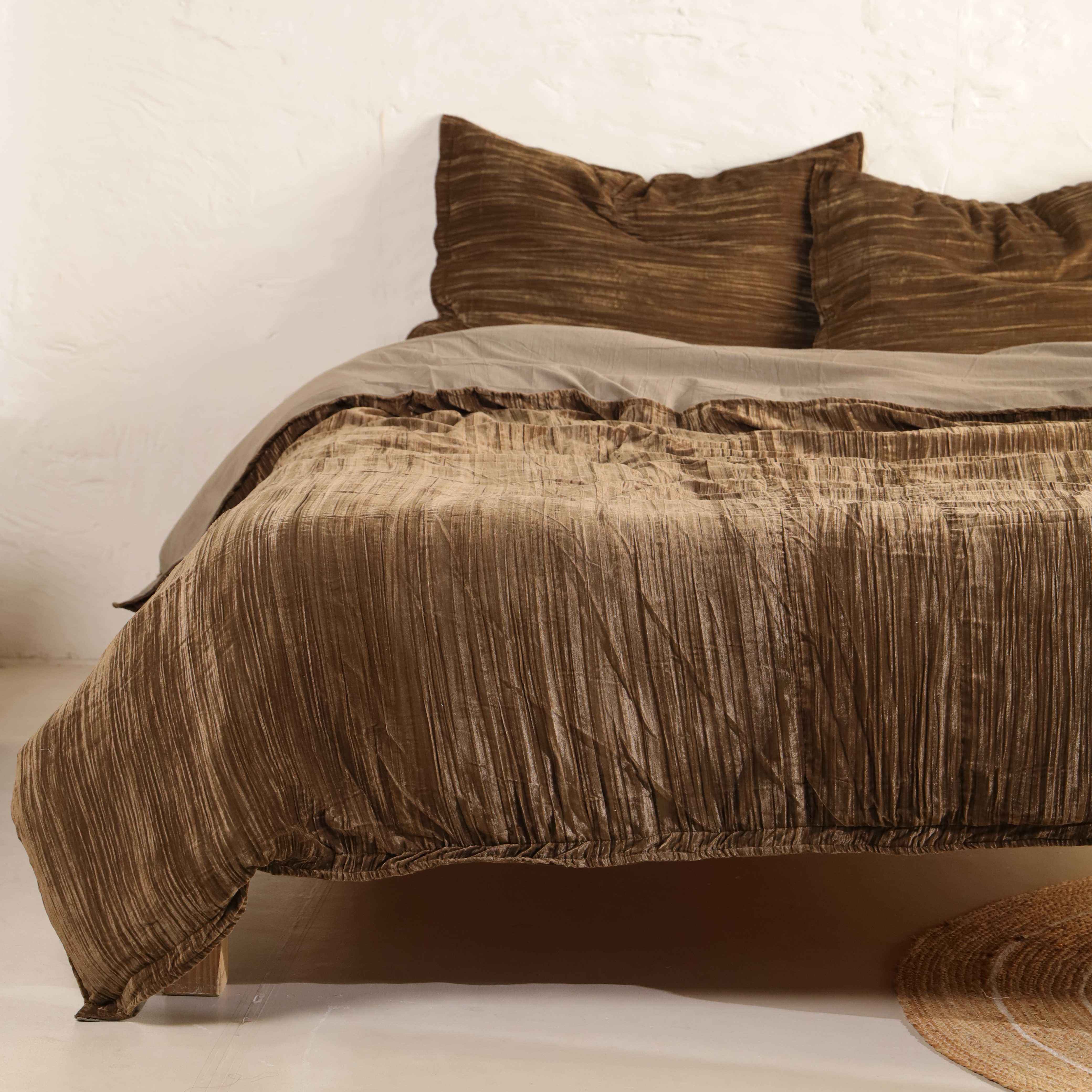 Velvet Duvet Cover Set - Luxury Olive Brown Bedding - 3 Piece Soft Textured Minimalist Bedding Set
