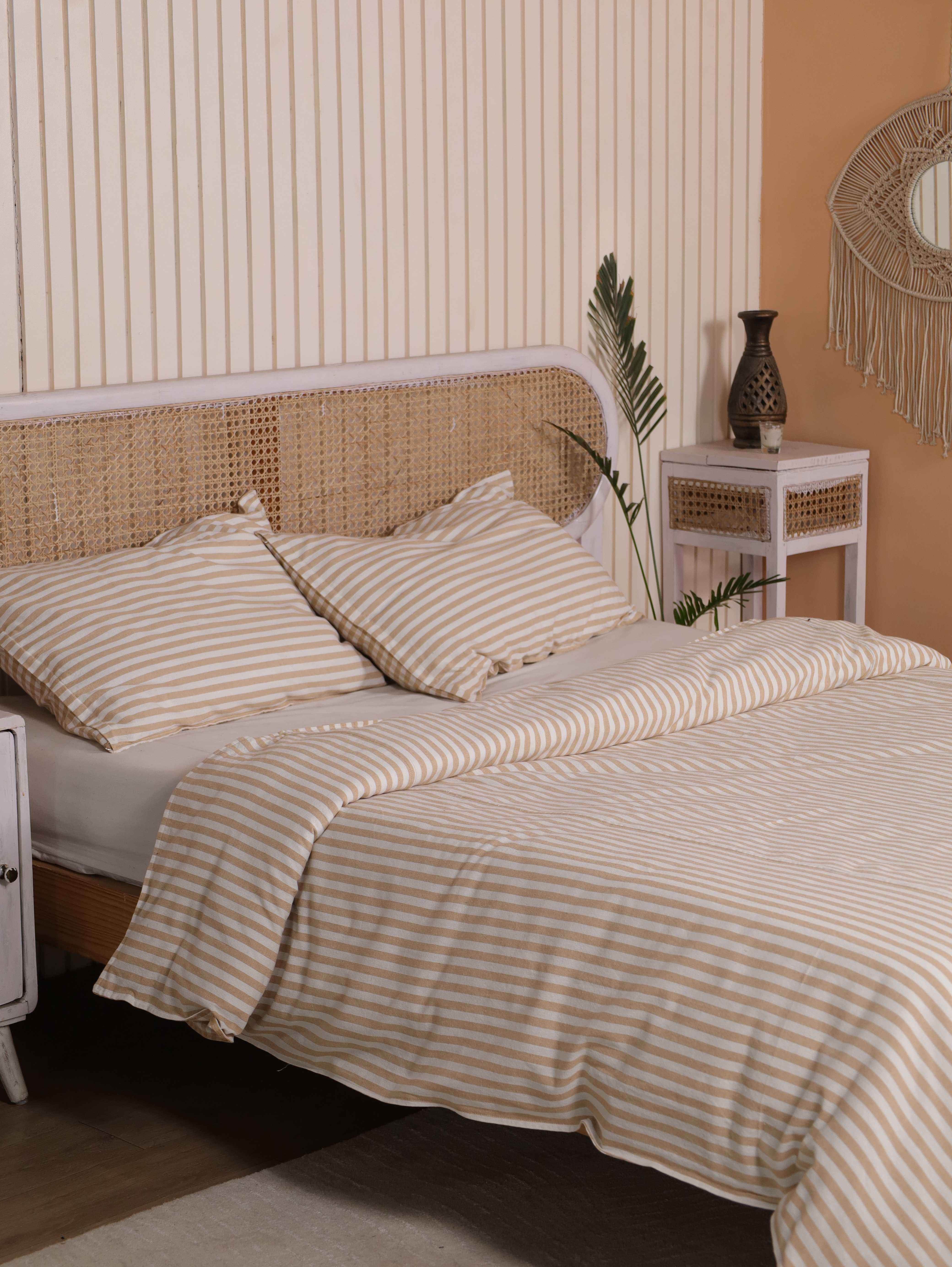 Cotton Striped Duvet Cover Set - Luxury Tan & White Neutral Bedding for Minimalist Bedroom Decor
