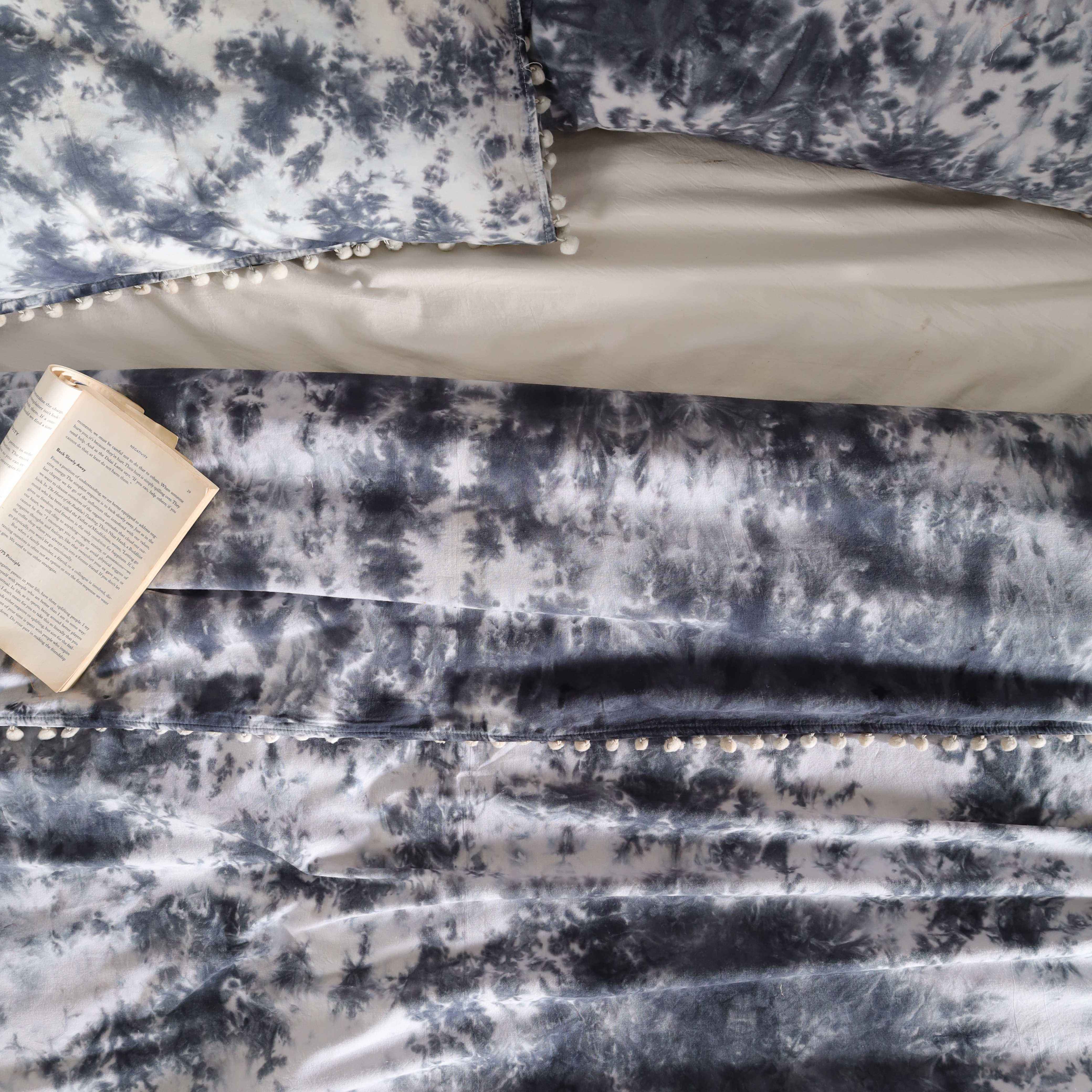 Blue Tie Dye Cotton Duvet Cover Set - 3pc Boho Pom Pom Fringe Bedding