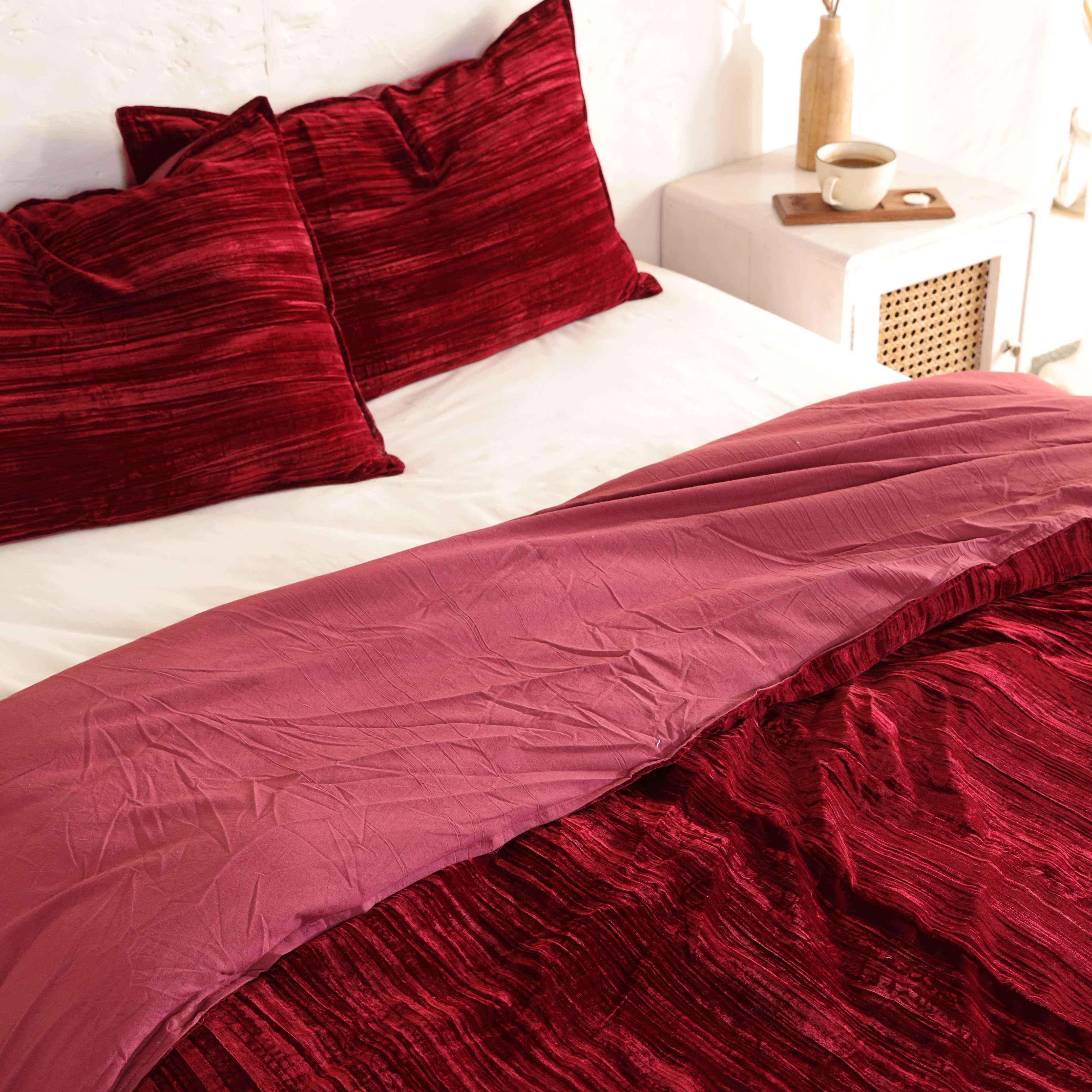 Velvet Duvet Cover Set - Luxury Burgundy Red Boho Bedding with Tassels - 3 Piece Soft Textured Bedding Set