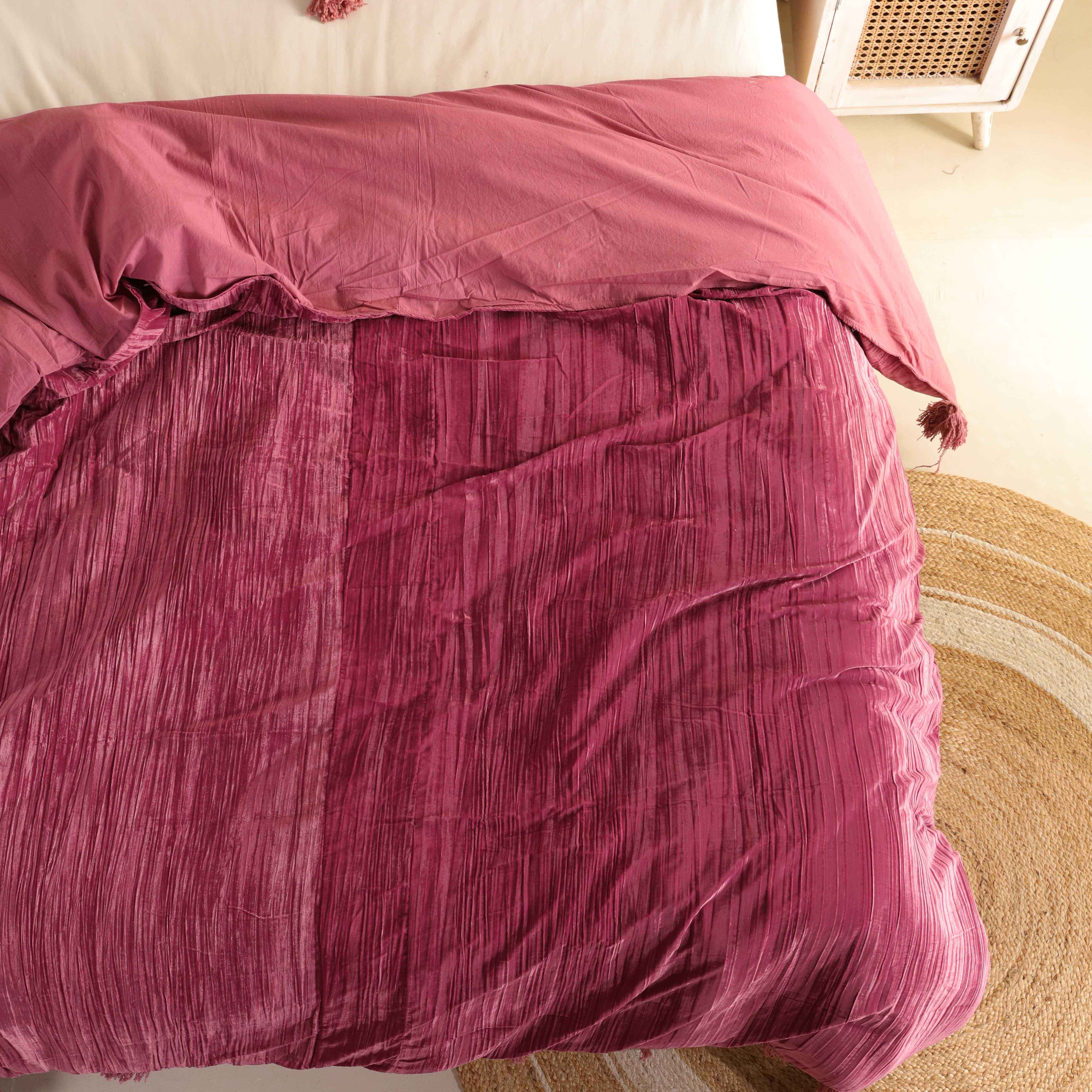 Velvet Duvet Cover Set - Luxury Magenta Plum Boho Bedding with Tassels - 3 Piece Soft Textured Bedding Set