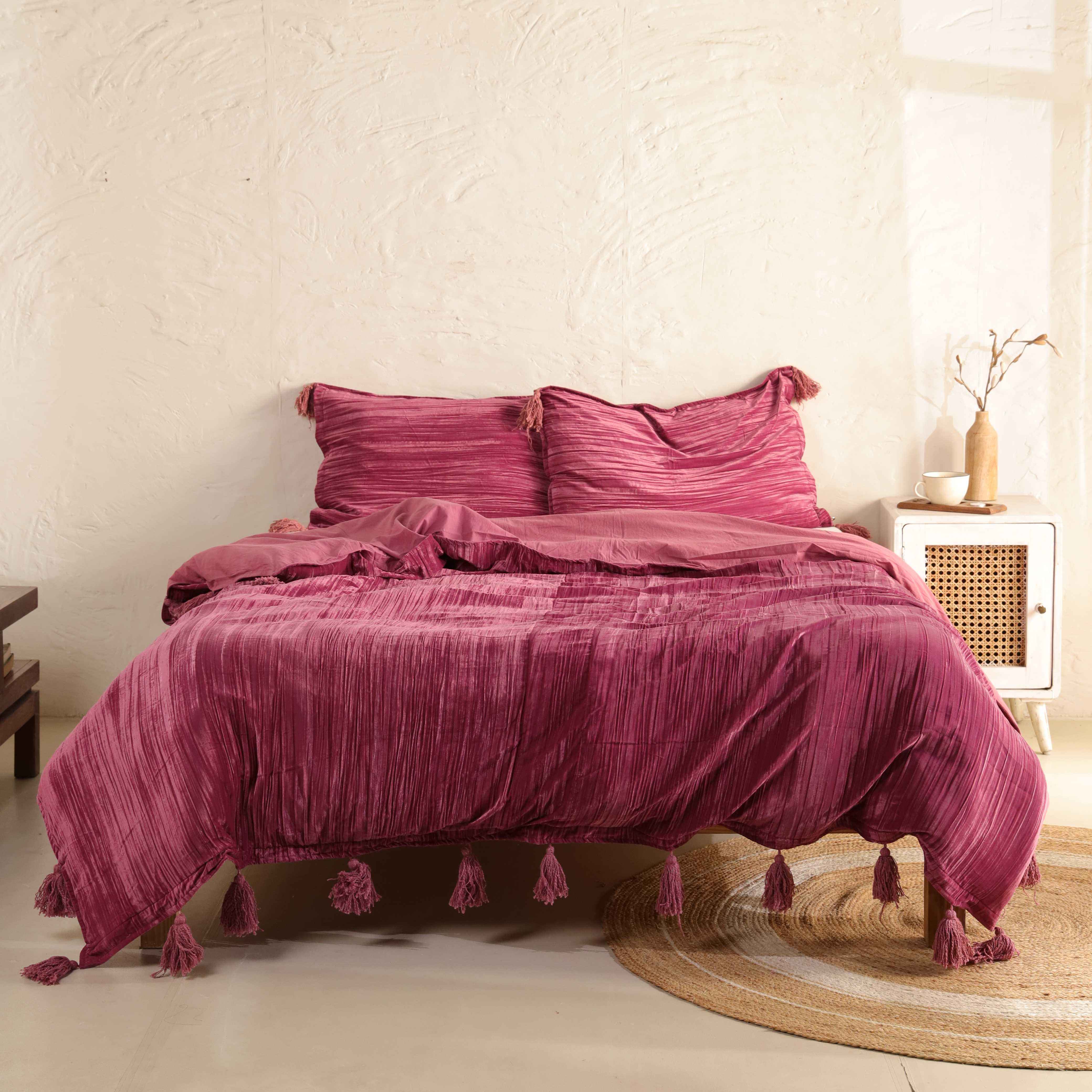 Velvet Duvet Cover Set - Luxury Magenta Plum Boho Bedding with Tassels - 3 Piece Soft Textured Bedding Set