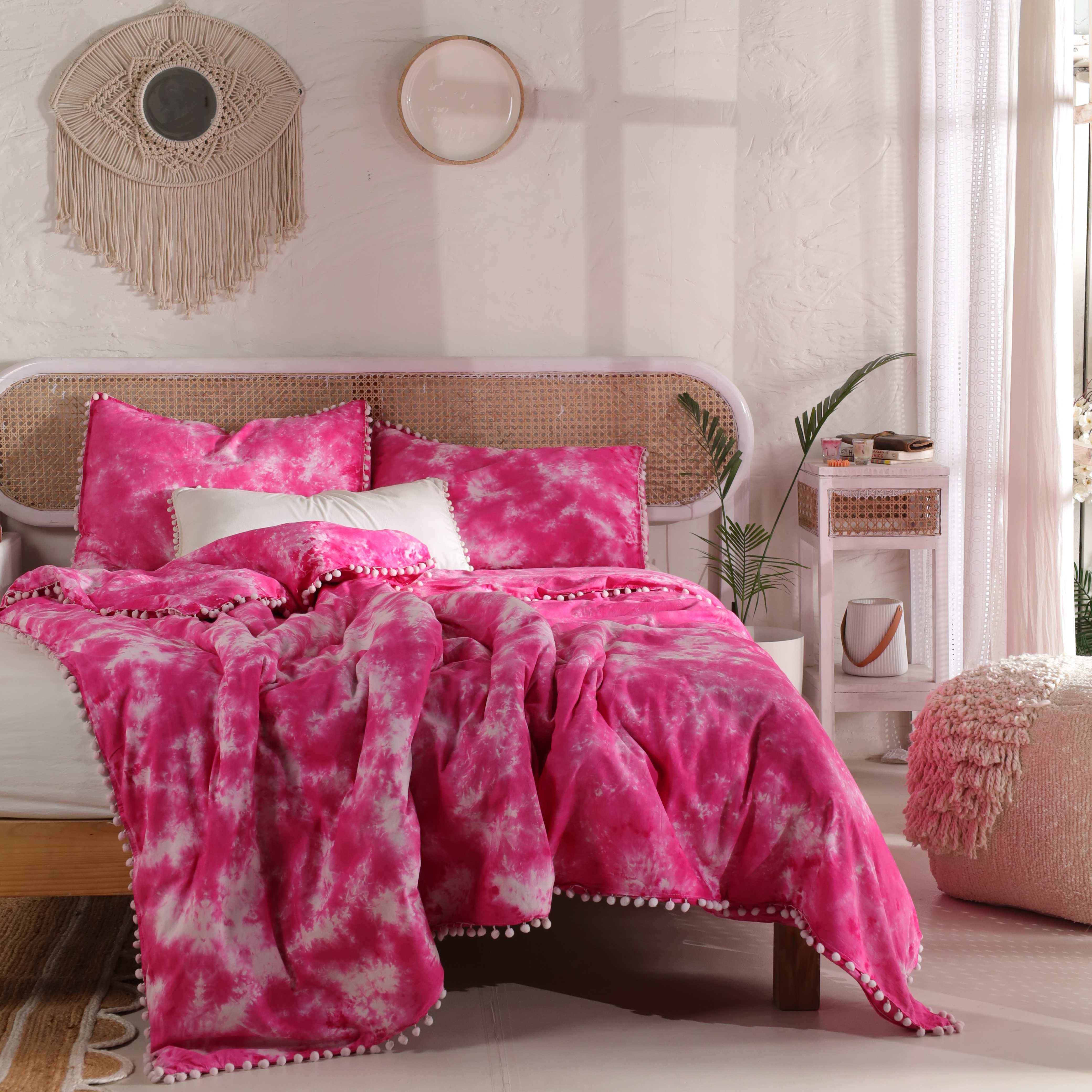Pink Tie Dye Cotton Duvet Cover Set - Boho Pom-Pom Fringe Bedding - 3 Piece Soft Breathable Aesthetic Bedding