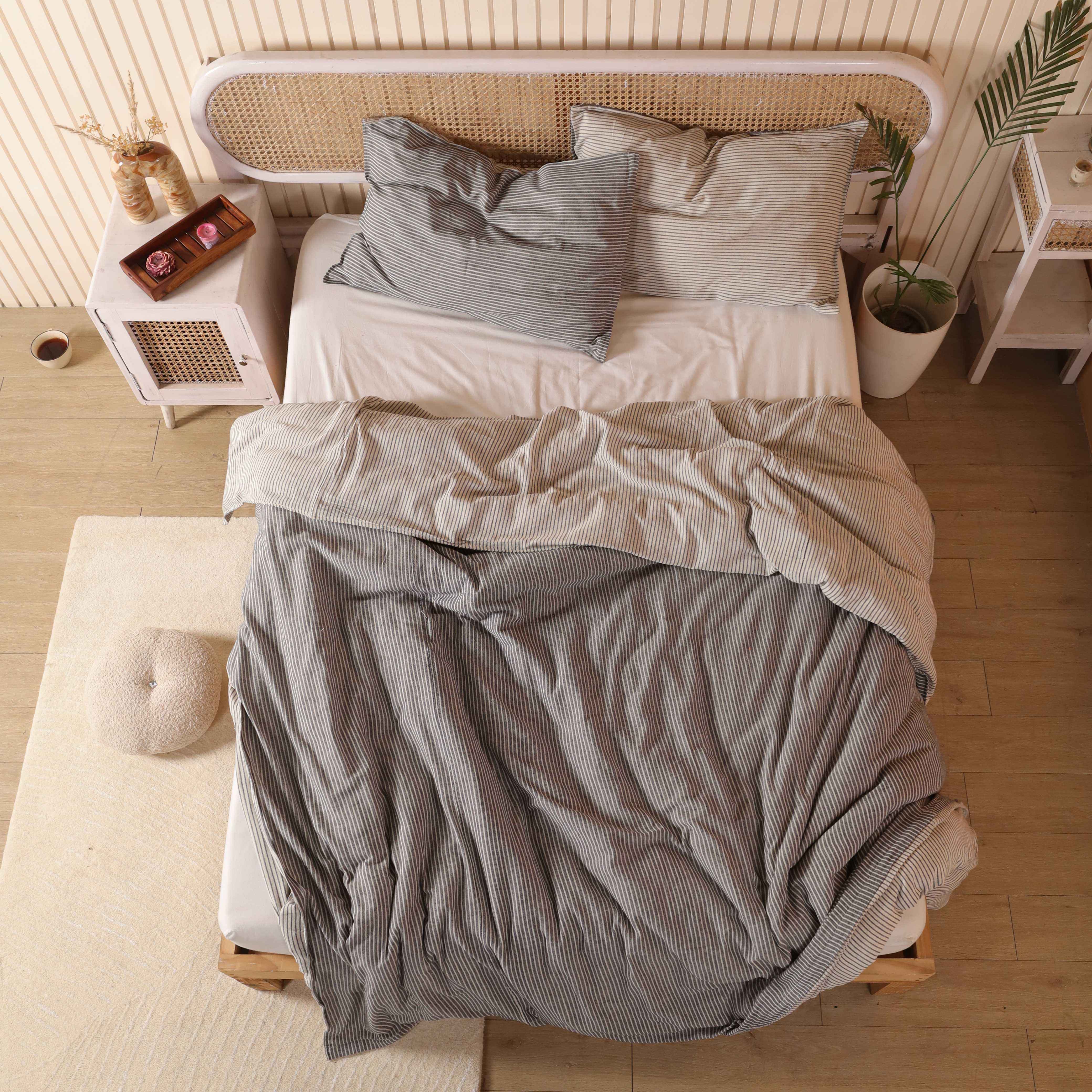 Reversible Slate & Beige Pinstripe Bedding - 2-in-1 Cotton Duvet Set