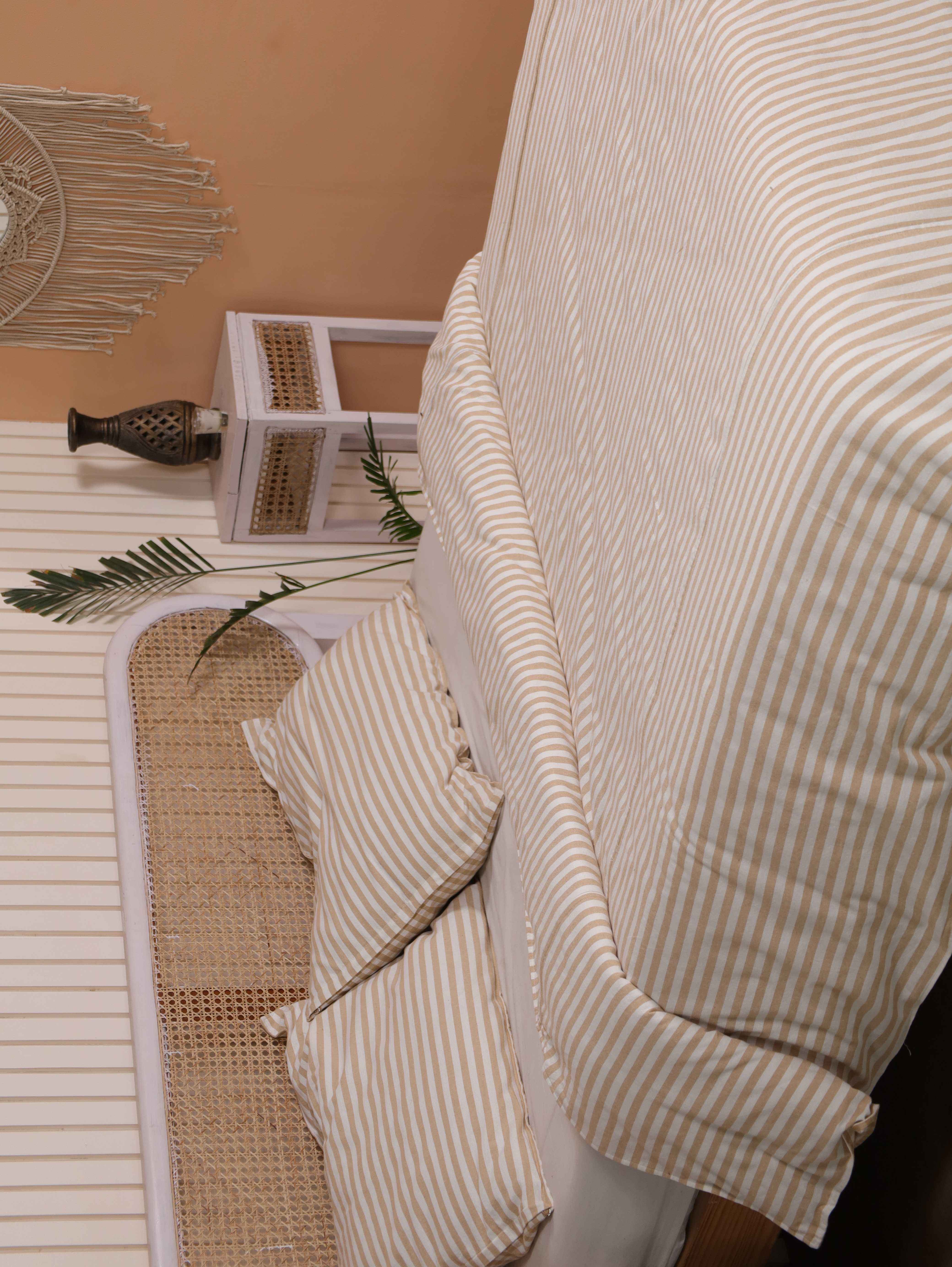 Cotton Striped Duvet Cover Set - Luxury Tan & White Neutral Bedding for Minimalist Bedroom Decor