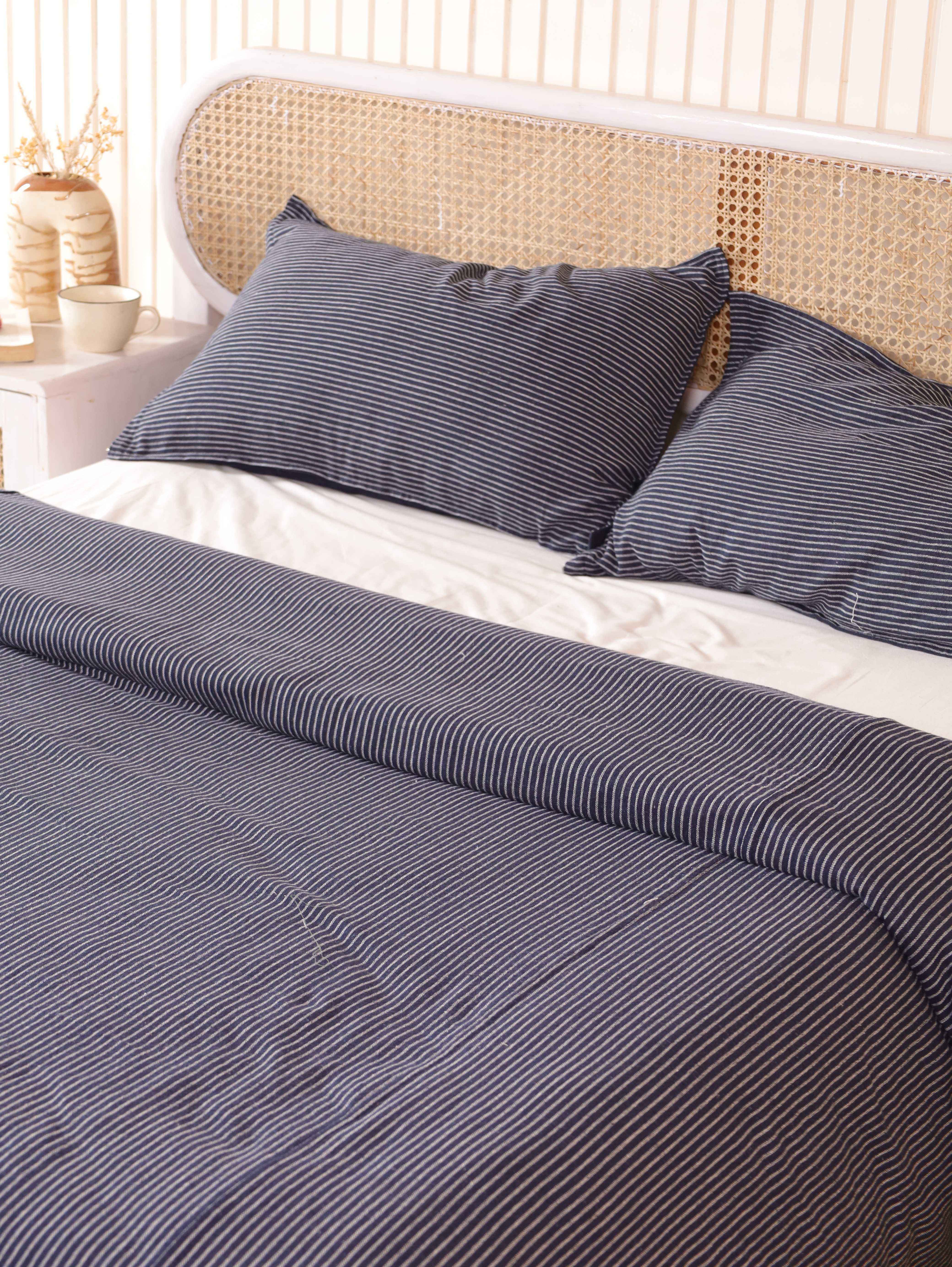 Navy Blue Pinstripe Cotton Bedding Set - Coastal Nautical Duvet