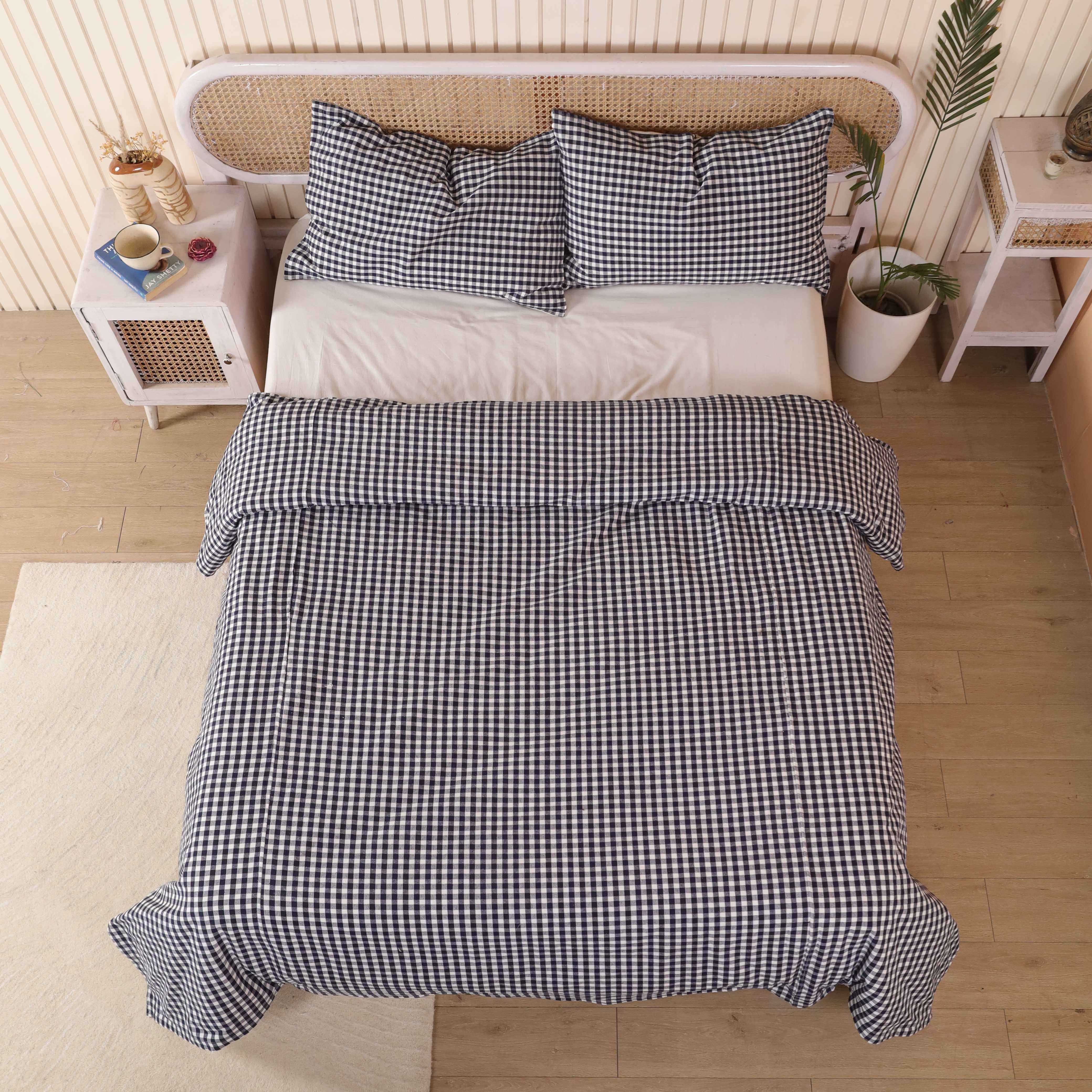 Navy Blue Gingham Bedding Set - Classic Plaid Cotton Duvet & Shams