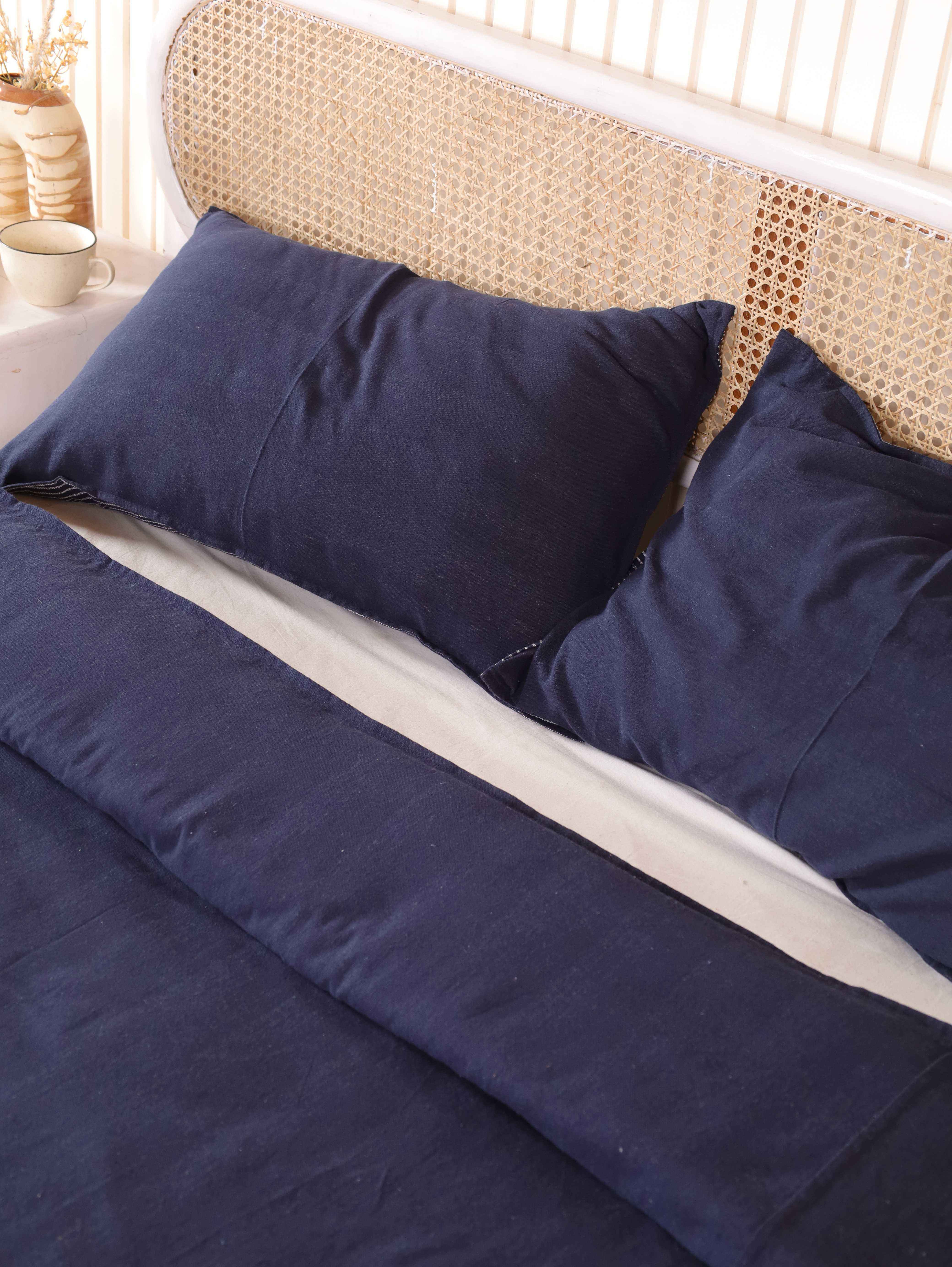 Solid Navy Blue Cotton Bedding Set - Deep Indigo Boho Duvet Cover
