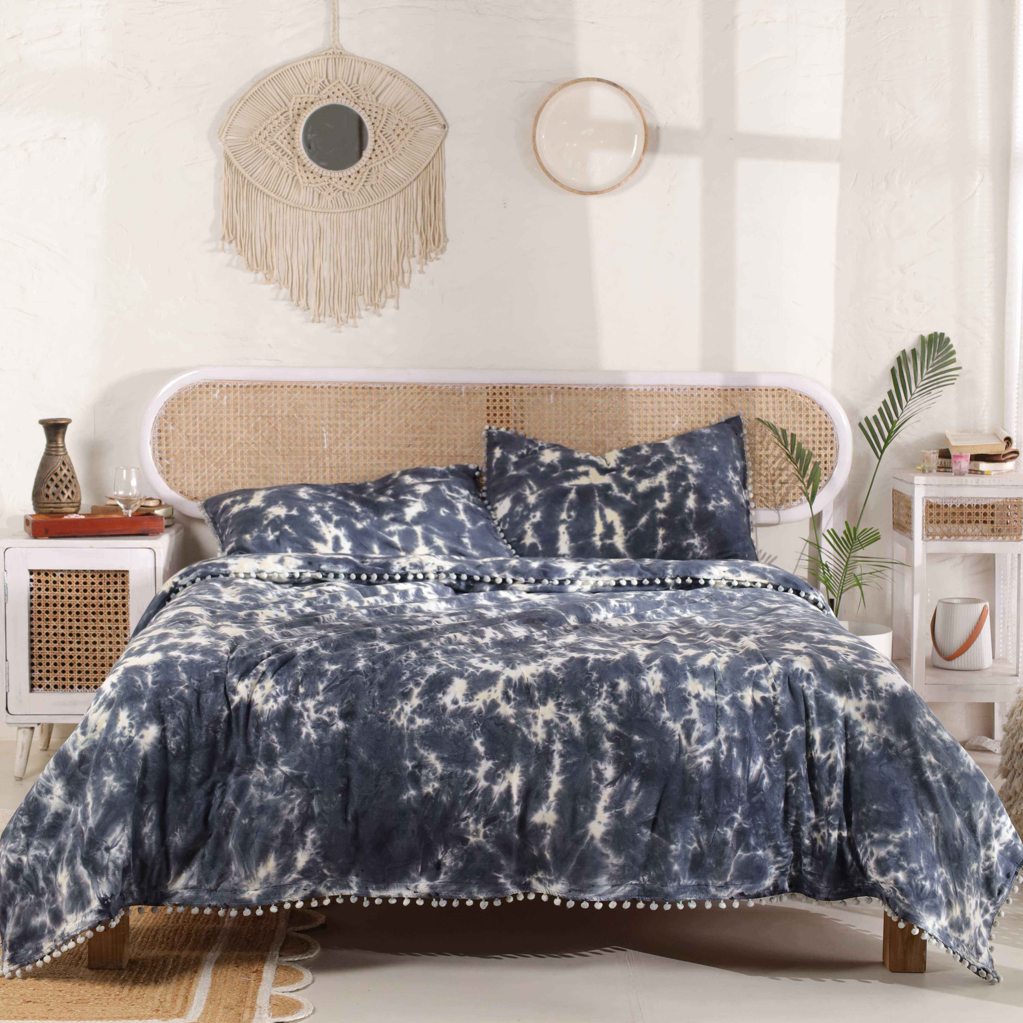 Indigo Blue Tie Dye Bedding Set - Boho Cotton Duvet Cover with Pom Poms