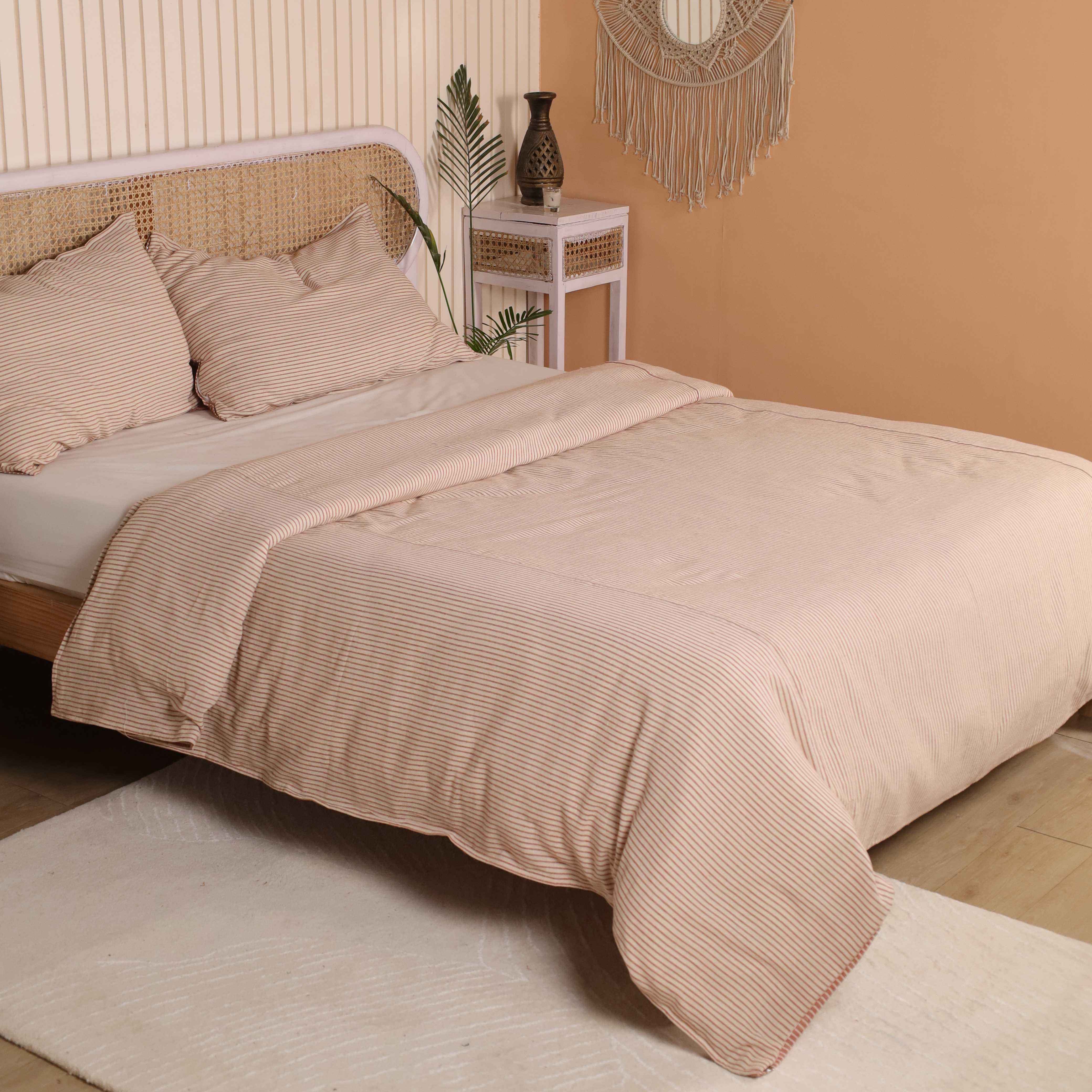 Sand Beige Striped Boho Bedding Set - Soft Cotton Duvet Cover Set