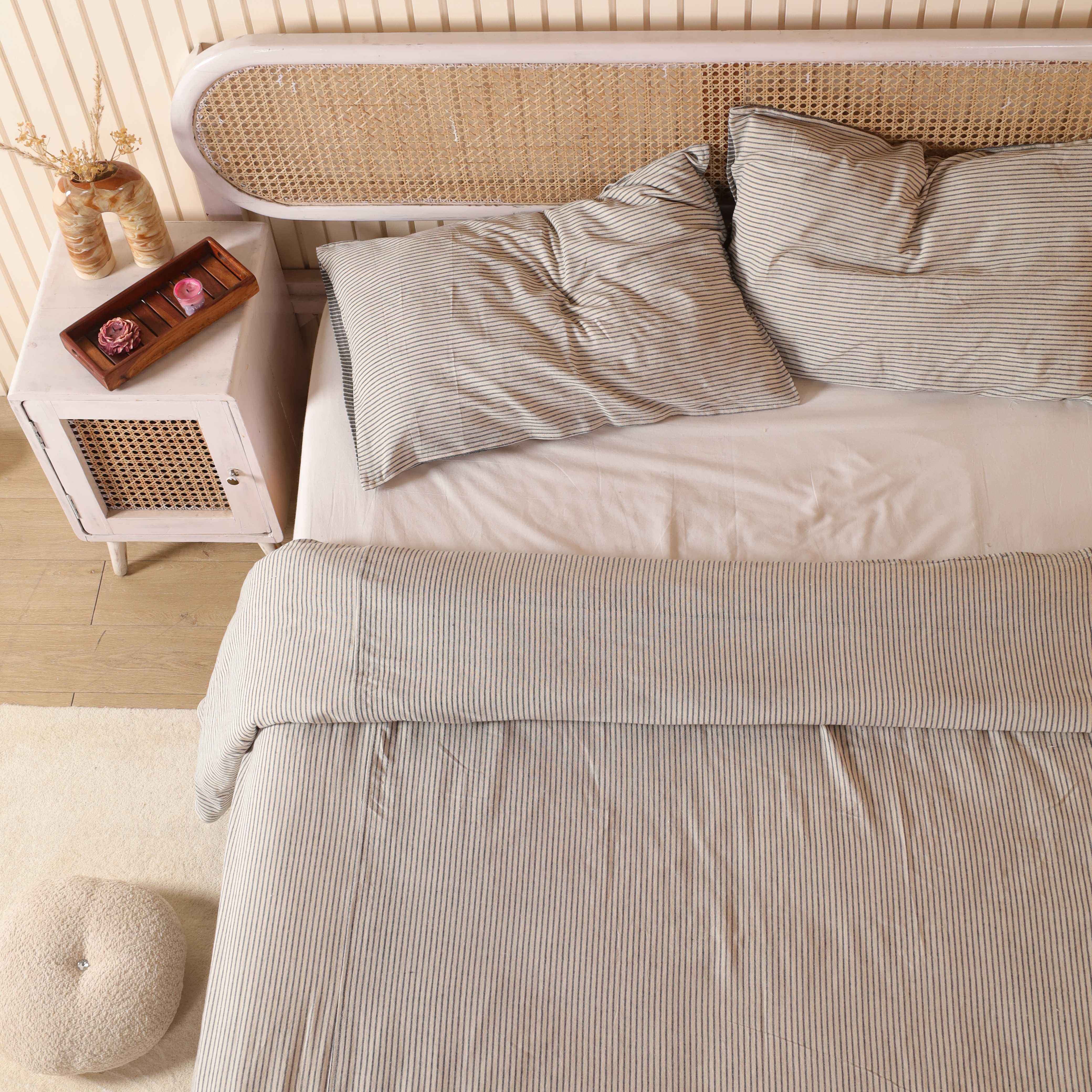 Beige Pinstripe Cotton Bedding Set - Earth Tone Boho Duvet Cover