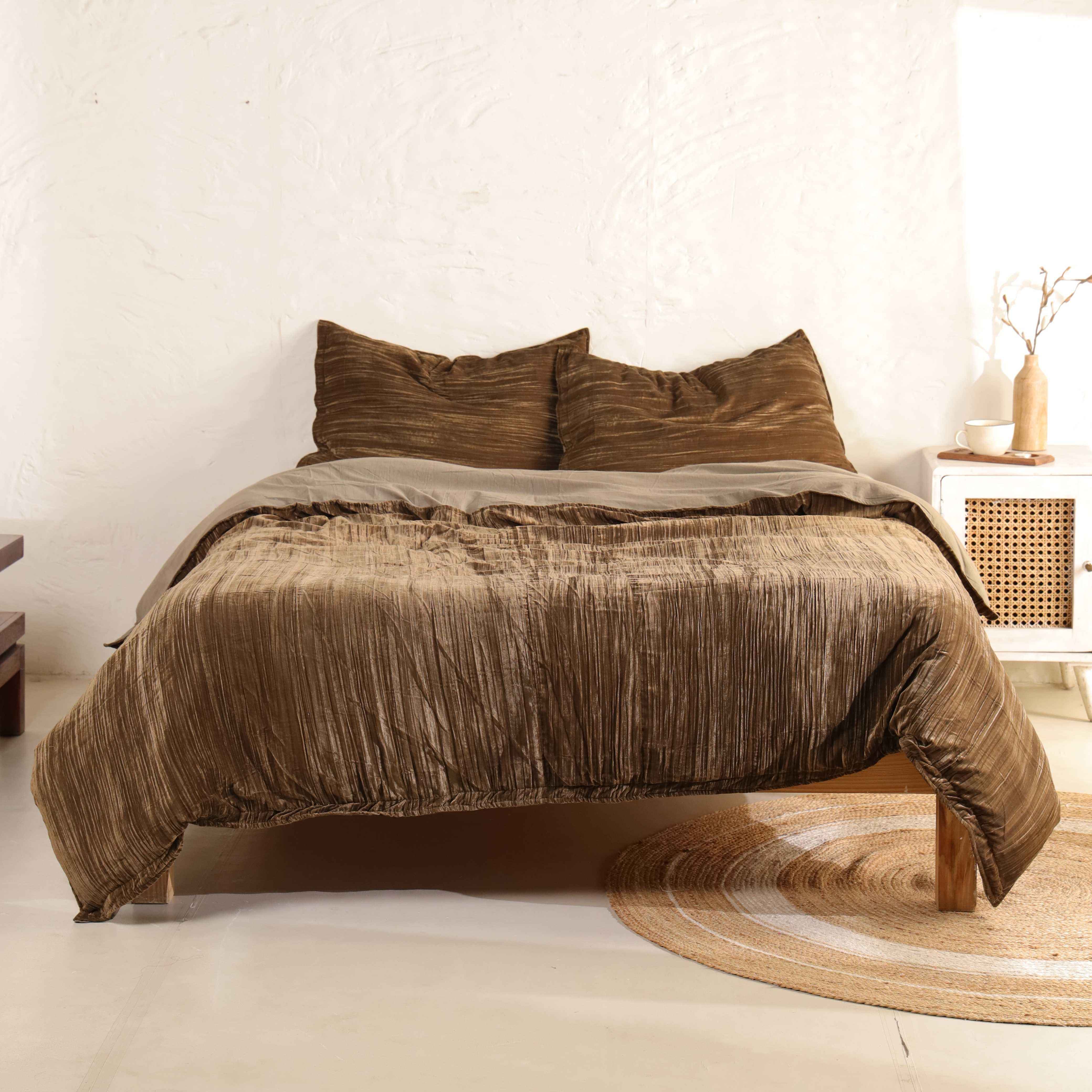 Velvet Duvet Cover Set - Luxury Olive Brown Bedding - 3 Piece Soft Textured Minimalist Bedding Set
