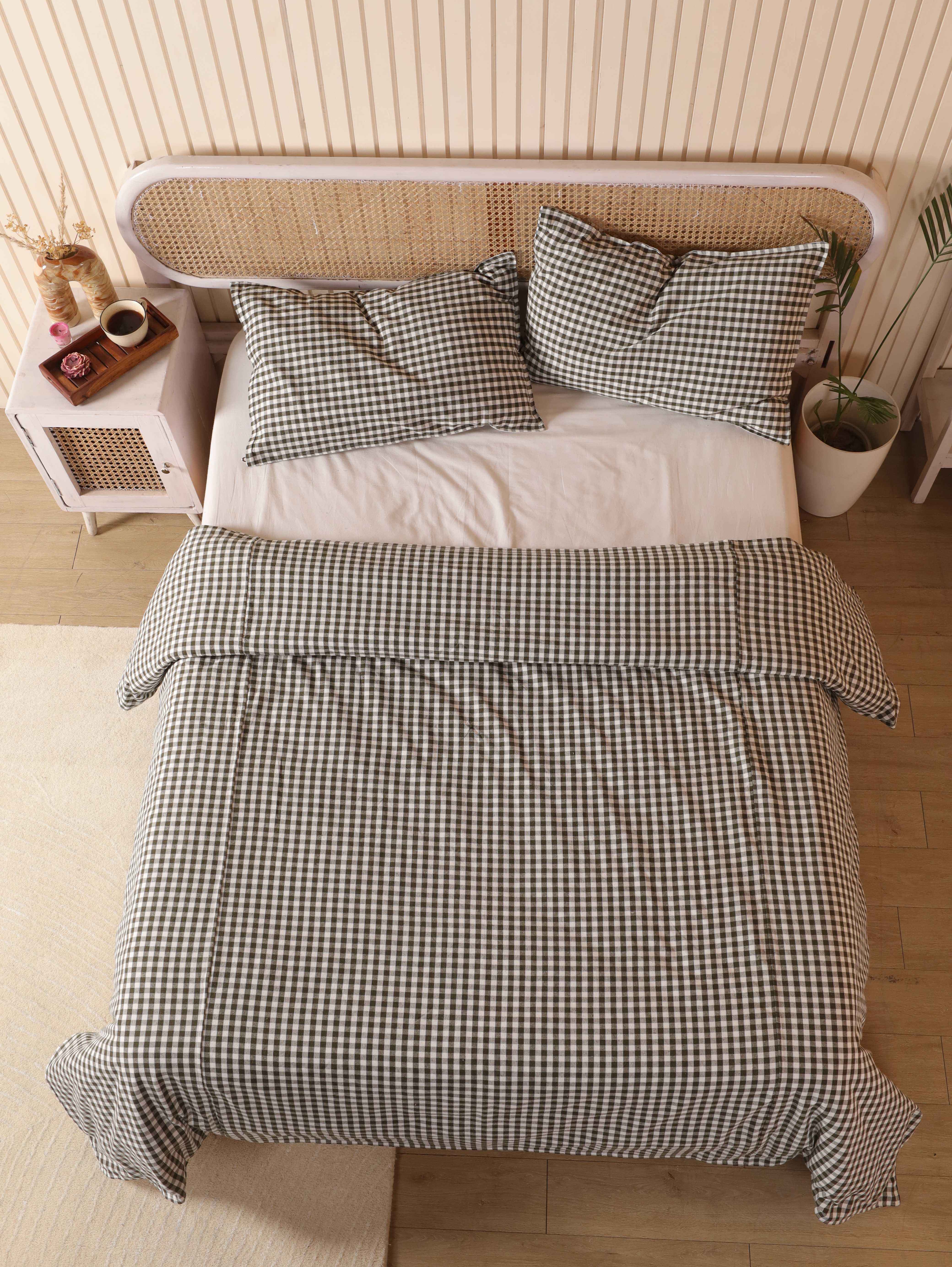 Olive Green Gingham Cotton Duvet Set - Checkered Boho Bedding