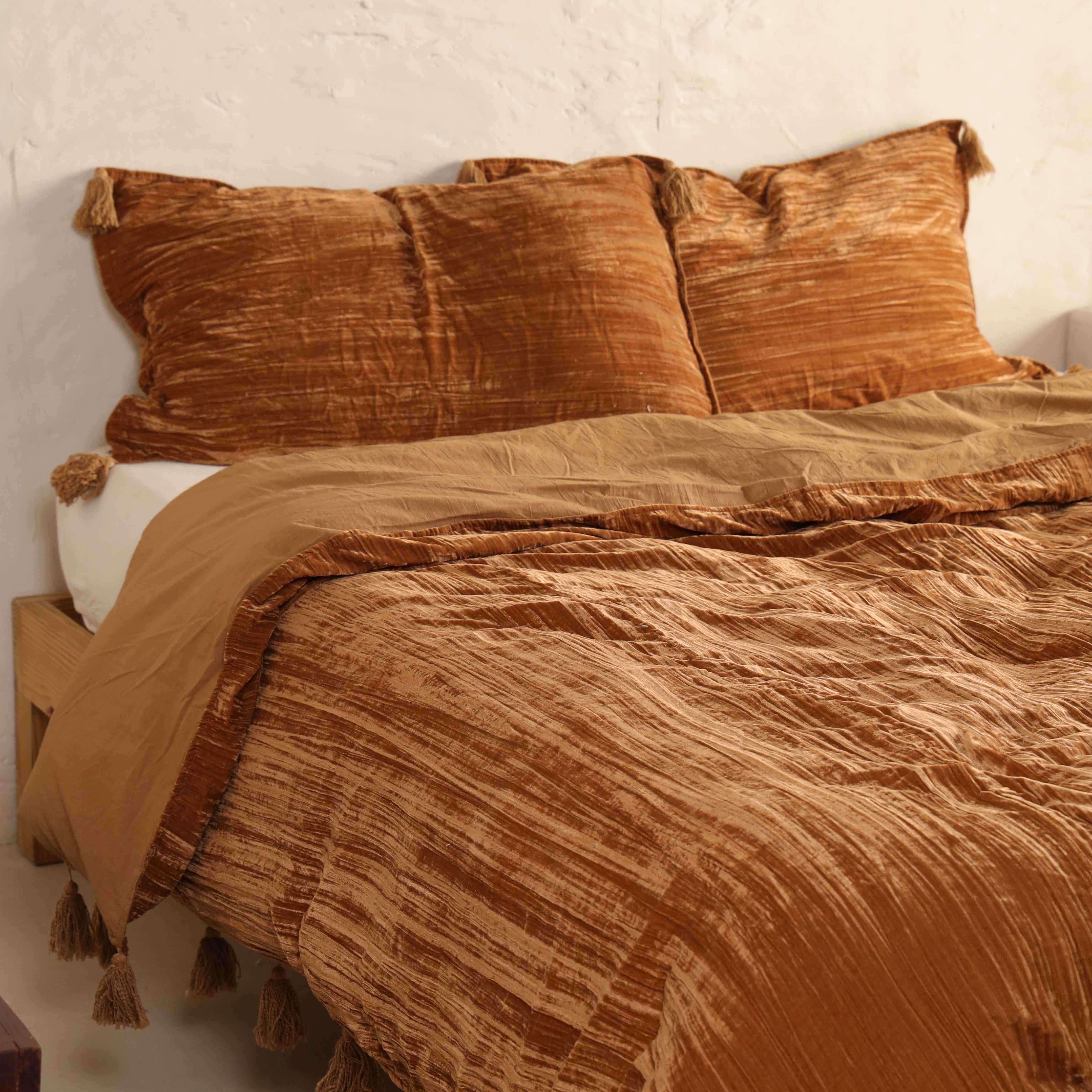 Velvet Duvet Cover Set - Luxury Burnt Orange Boho Bedding with Tassels - 3 Piece Soft Textured Bedding Set