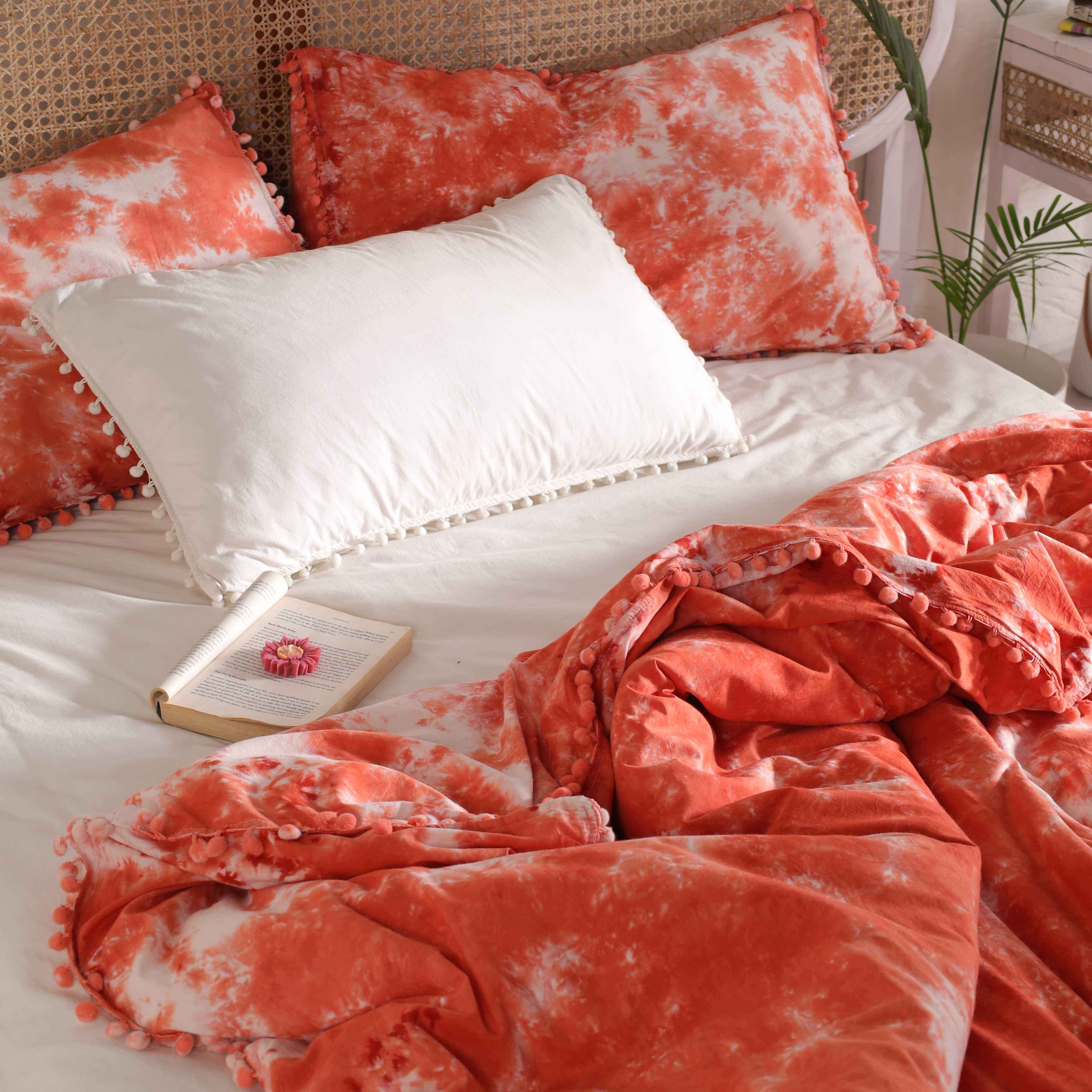 Orange Tie Dye Boho Duvet Cover Set - Cotton Comforter & Pillow Shams