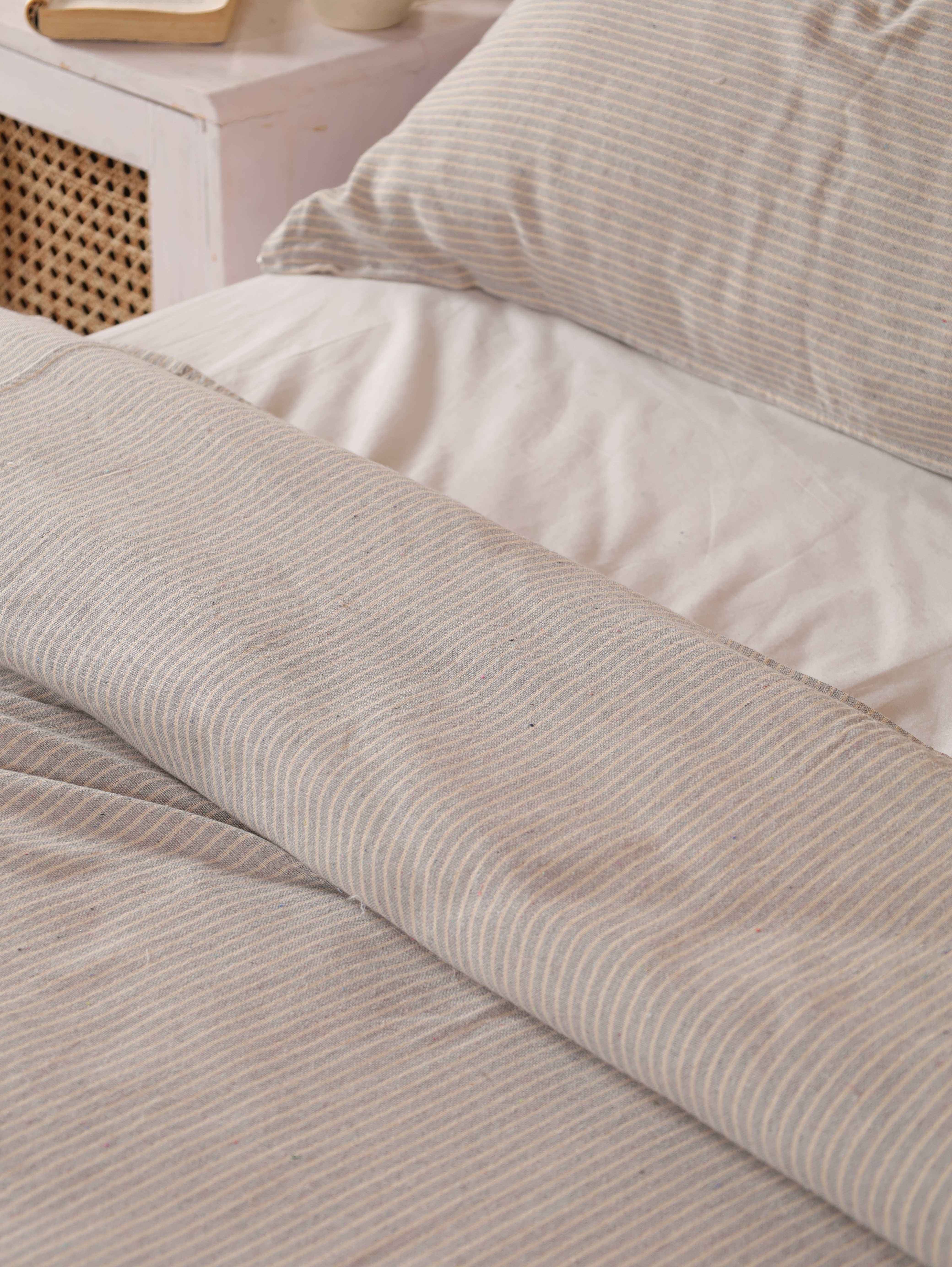 Light Grey Pinstripe Cotton Duvet Set - Neutral Striped Bedding