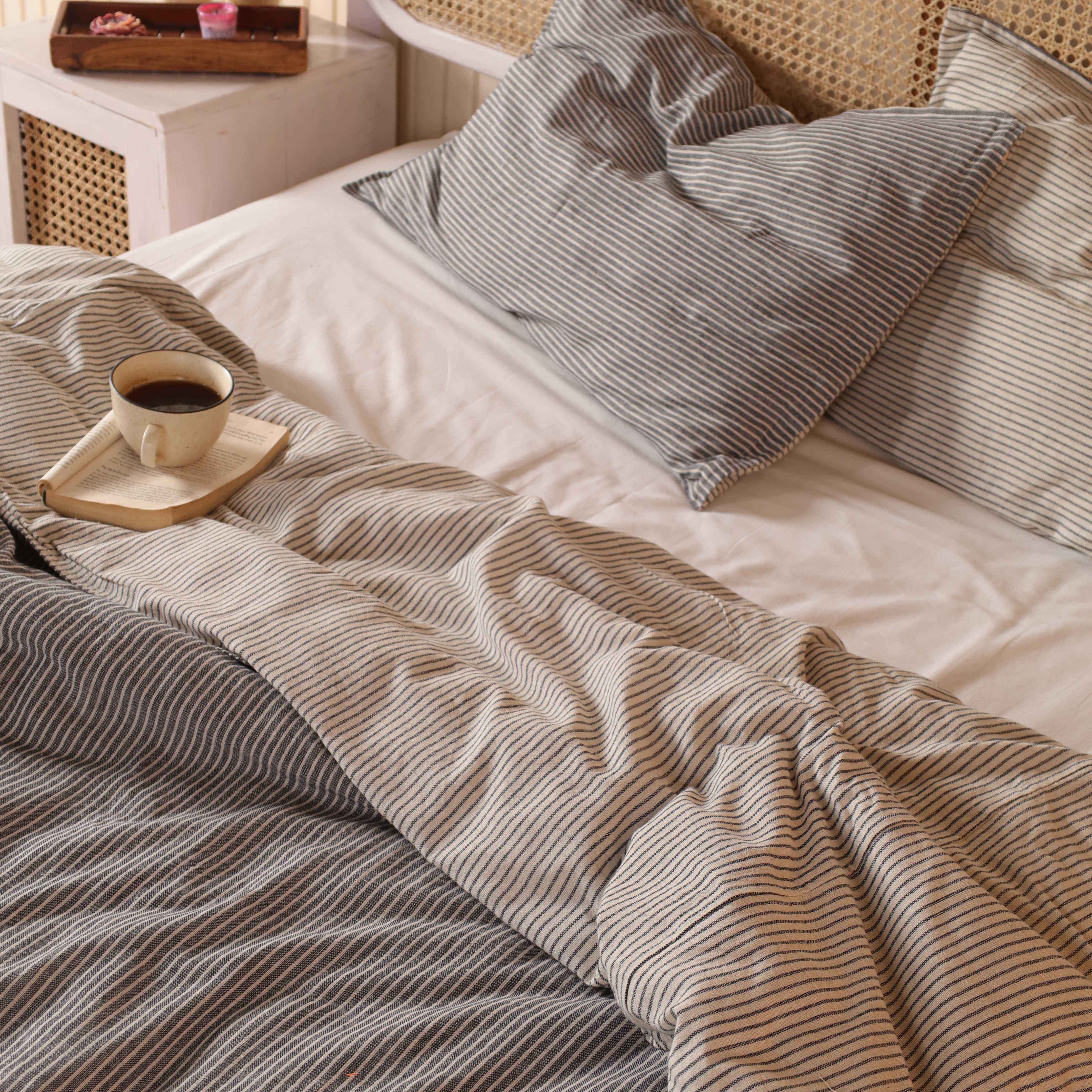 Reversible Slate & Beige Pinstripe Bedding - 2-in-1 Cotton Duvet Set