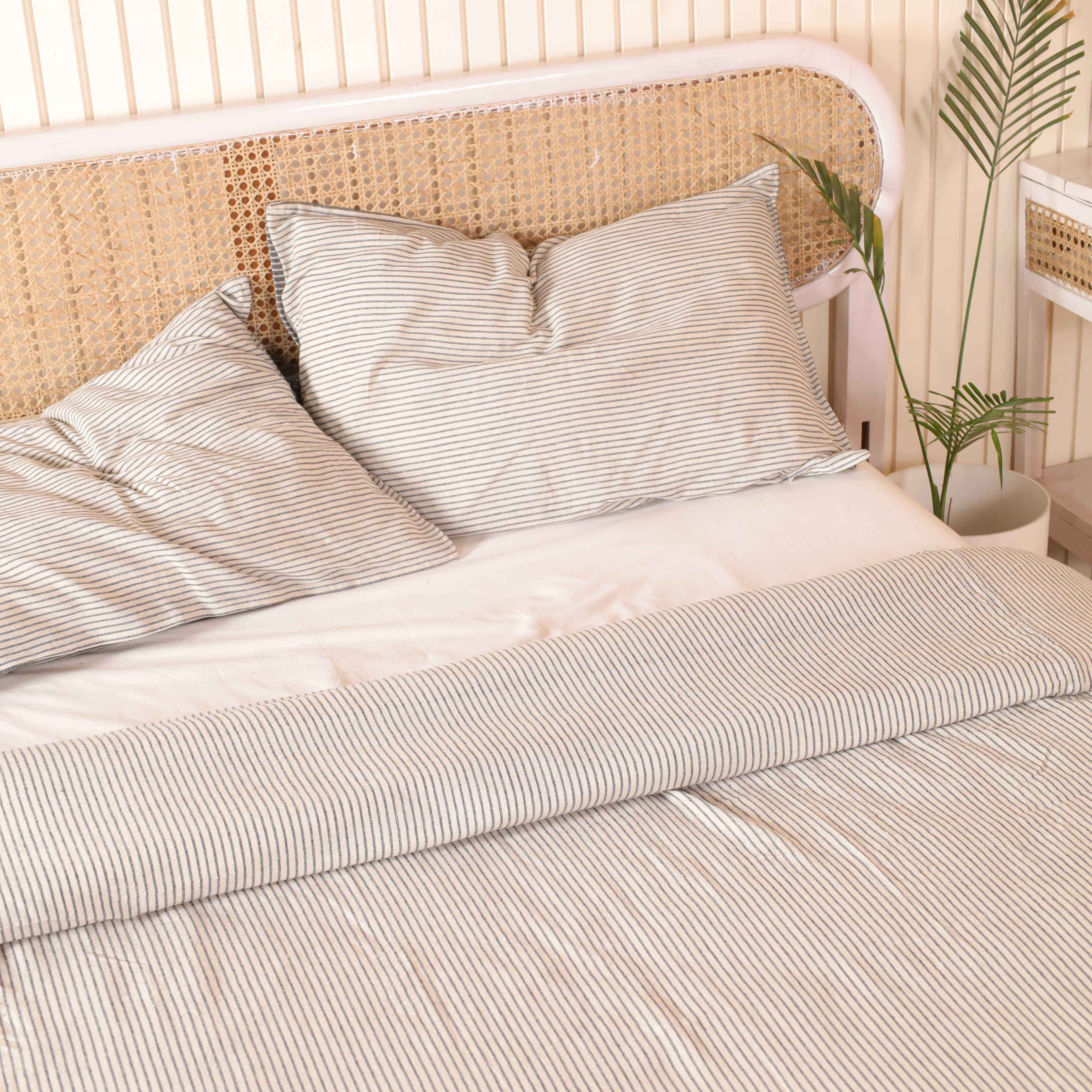 Beige Pinstripe Cotton Bedding Set - Earth Tone Boho Duvet Cover