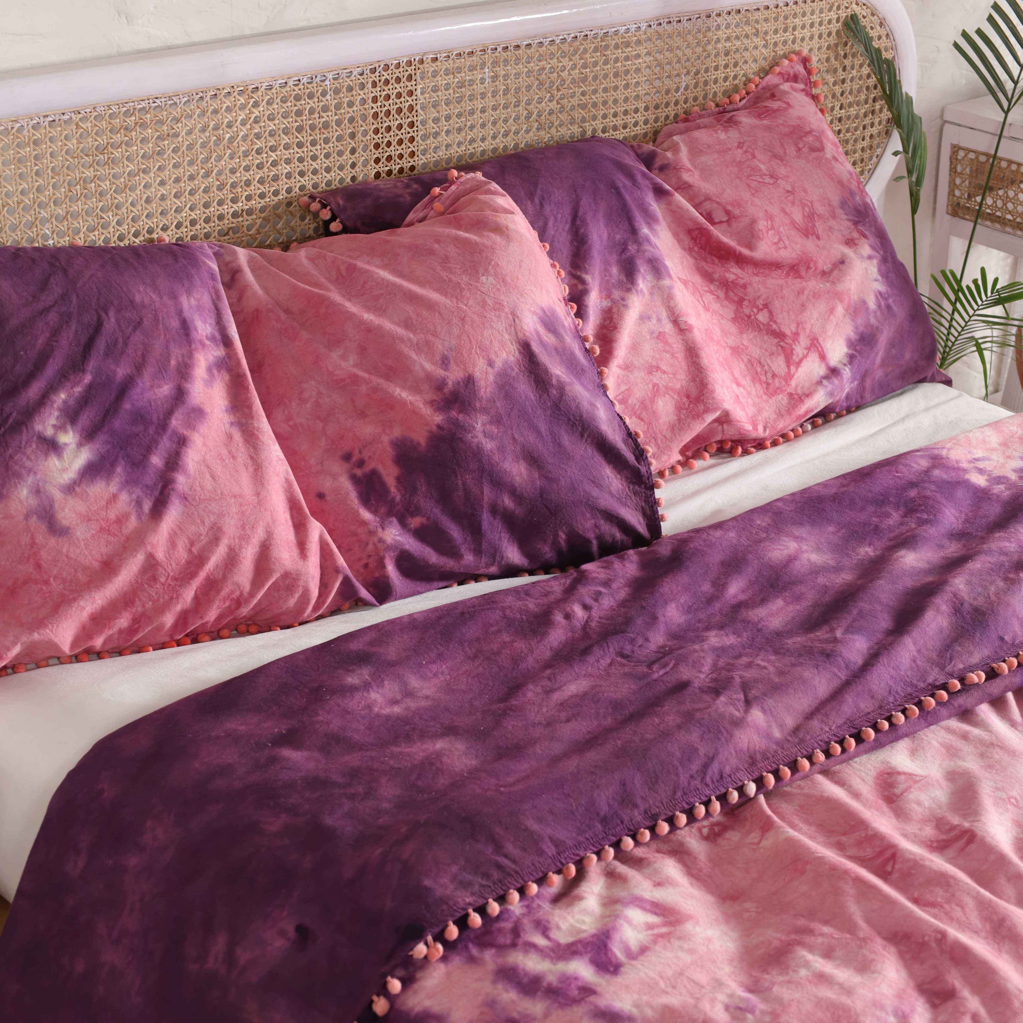 Pink and Purple Tie Dye Bedding Set - Boho Cotton Duvet with Pom Poms