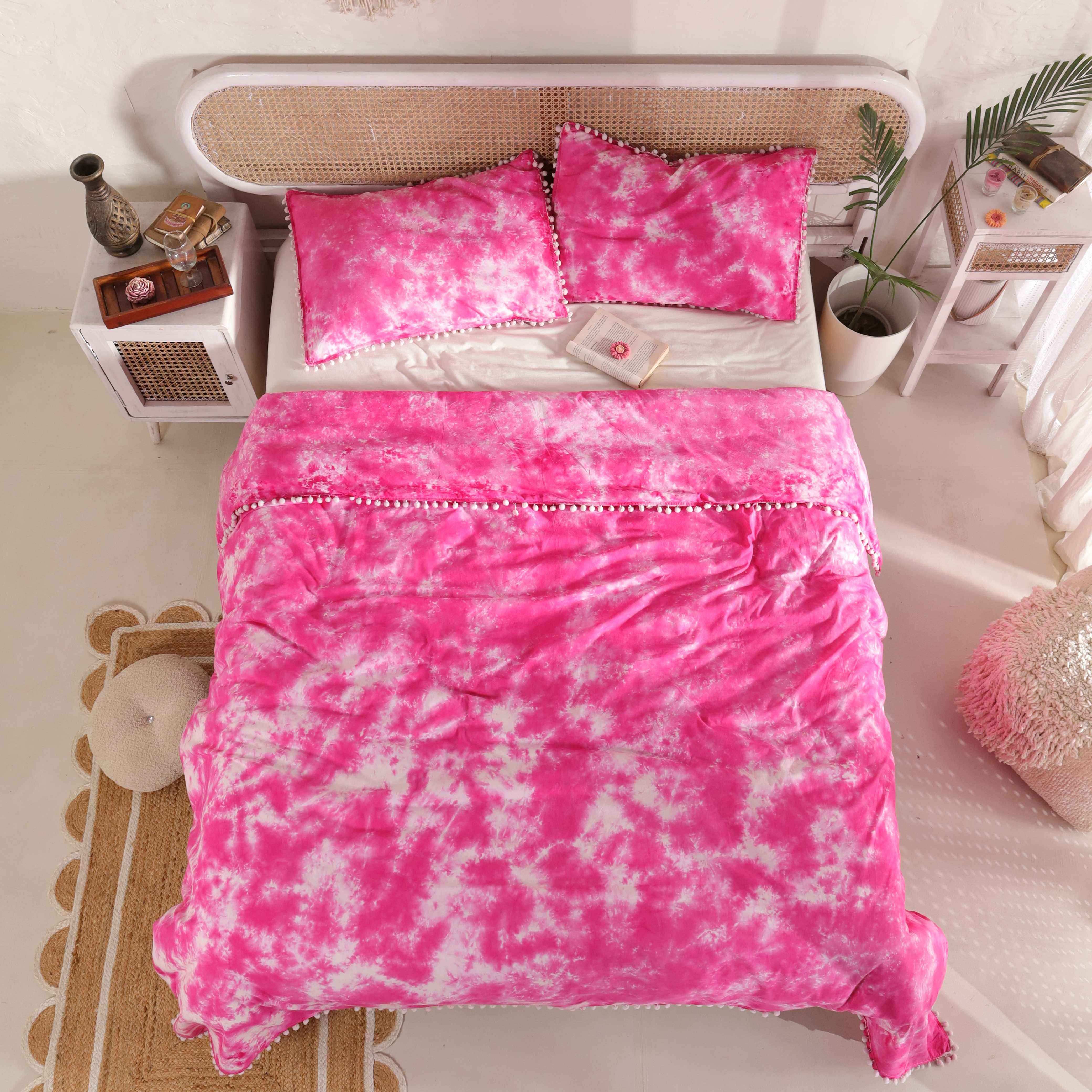 Pink Tie Dye Cotton Duvet Cover Set - Boho Pom-Pom Fringe Bedding - 3 Piece Soft Breathable Aesthetic Bedding