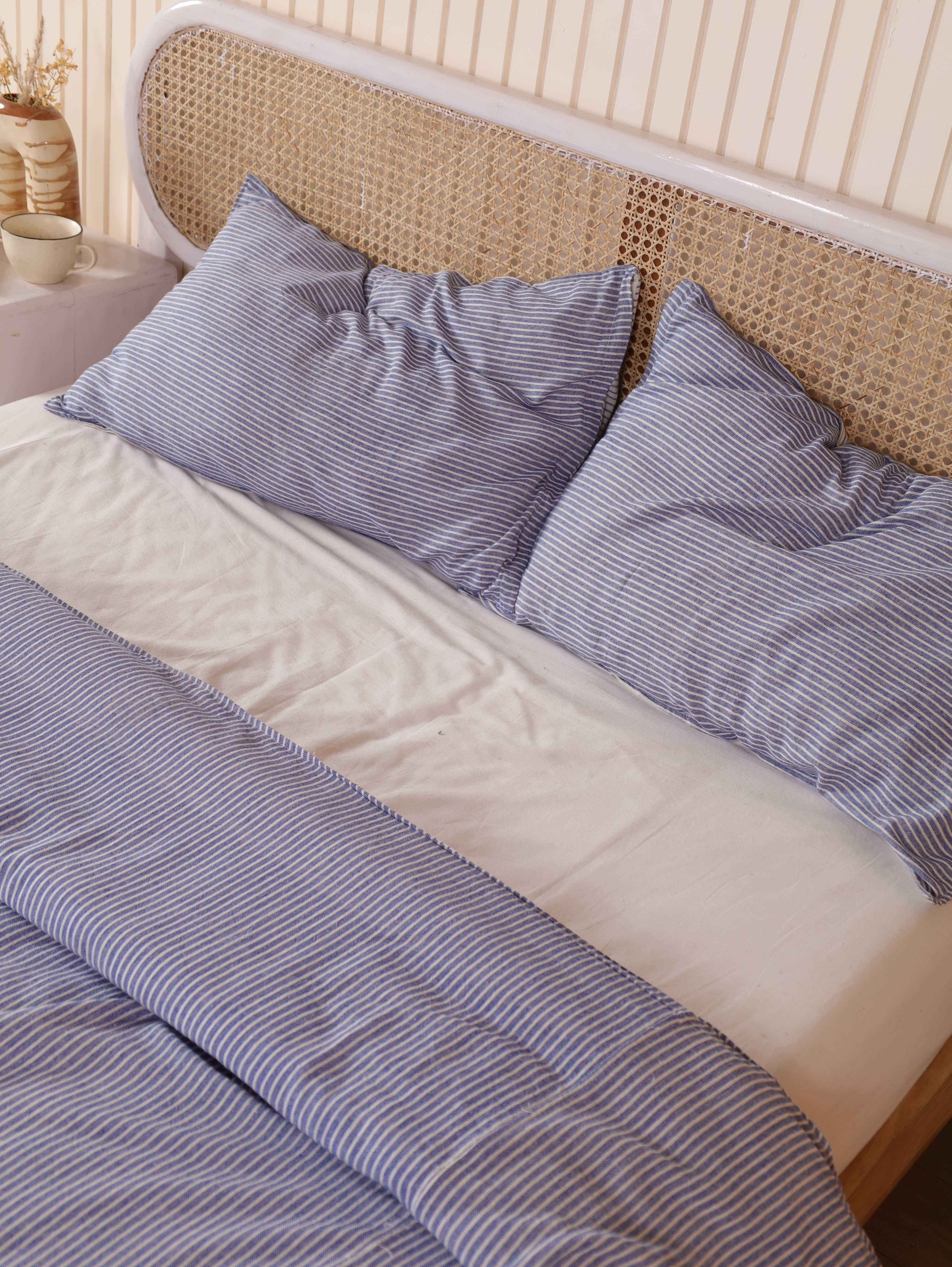 Blue Pinstripe Cotton Duvet Cover Set - Striped Coastal Bedding