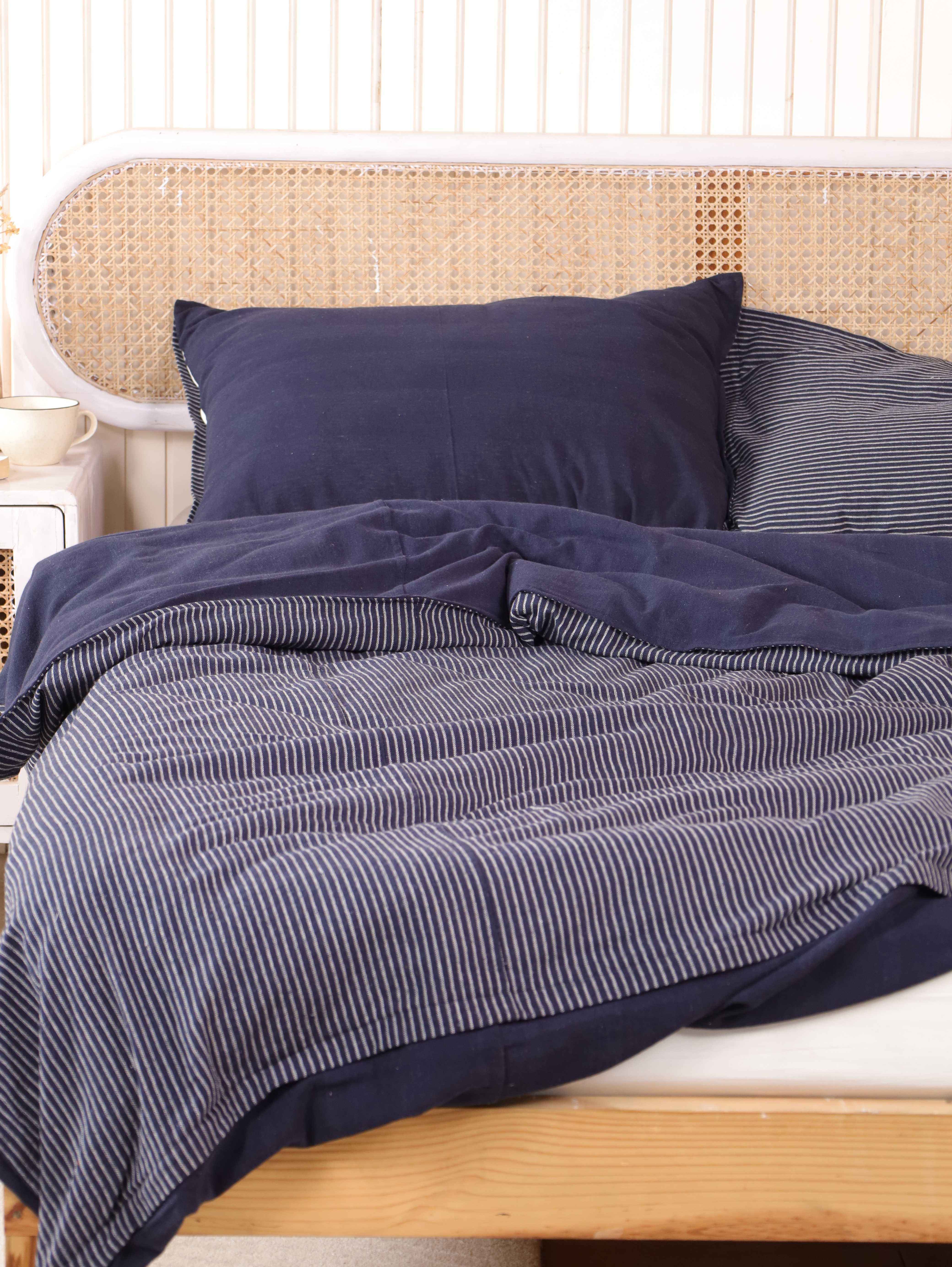 Navy Blue Reversible Duvet Cover Set - Striped Cotton Bedding