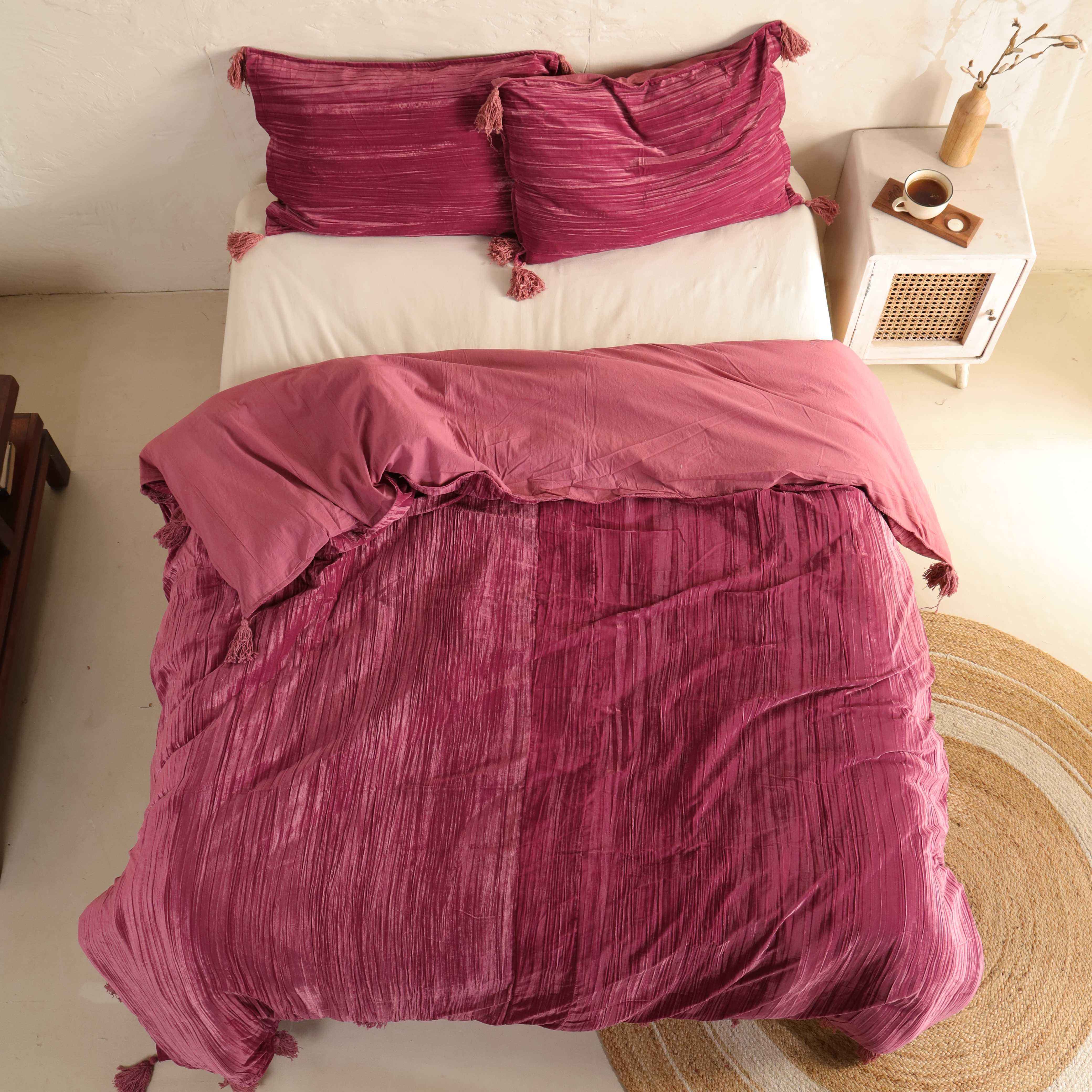 Velvet Duvet Cover Set - Luxury Magenta Plum Boho Bedding with Tassels - 3 Piece Soft Textured Bedding Set