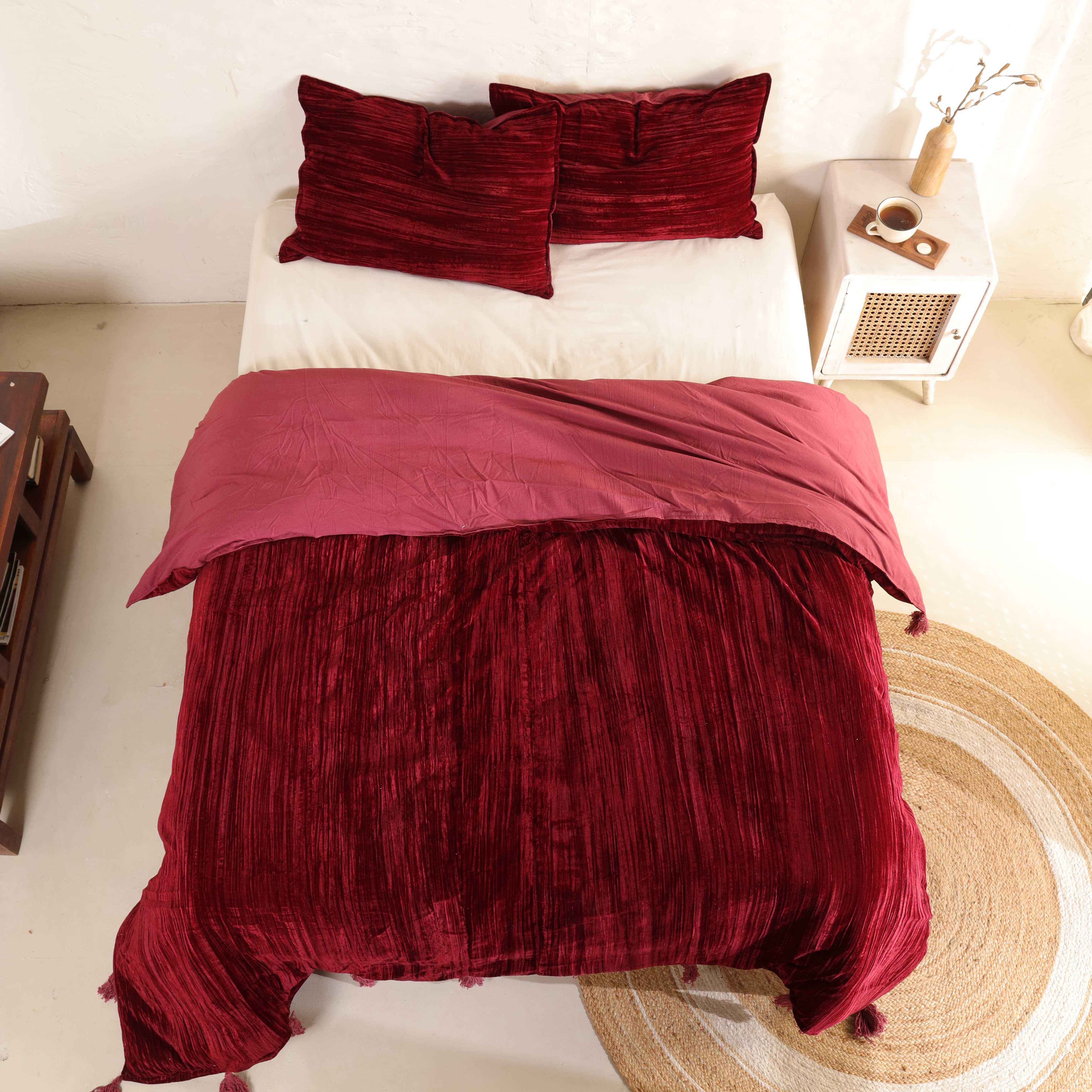 Velvet Duvet Cover Set - Luxury Burgundy Red Boho Bedding with Tassels - 3 Piece Soft Textured Bedding Set