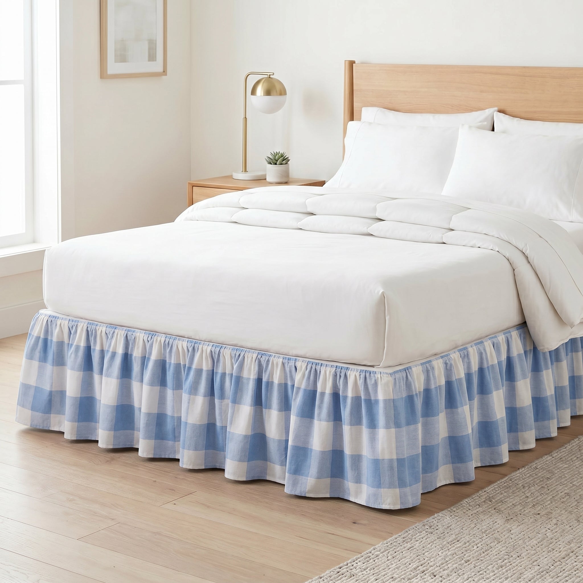 Azure Breeze Ruffled Bedskirt – Luxury Gingham Bed Valance & Soft Dust Ruffle