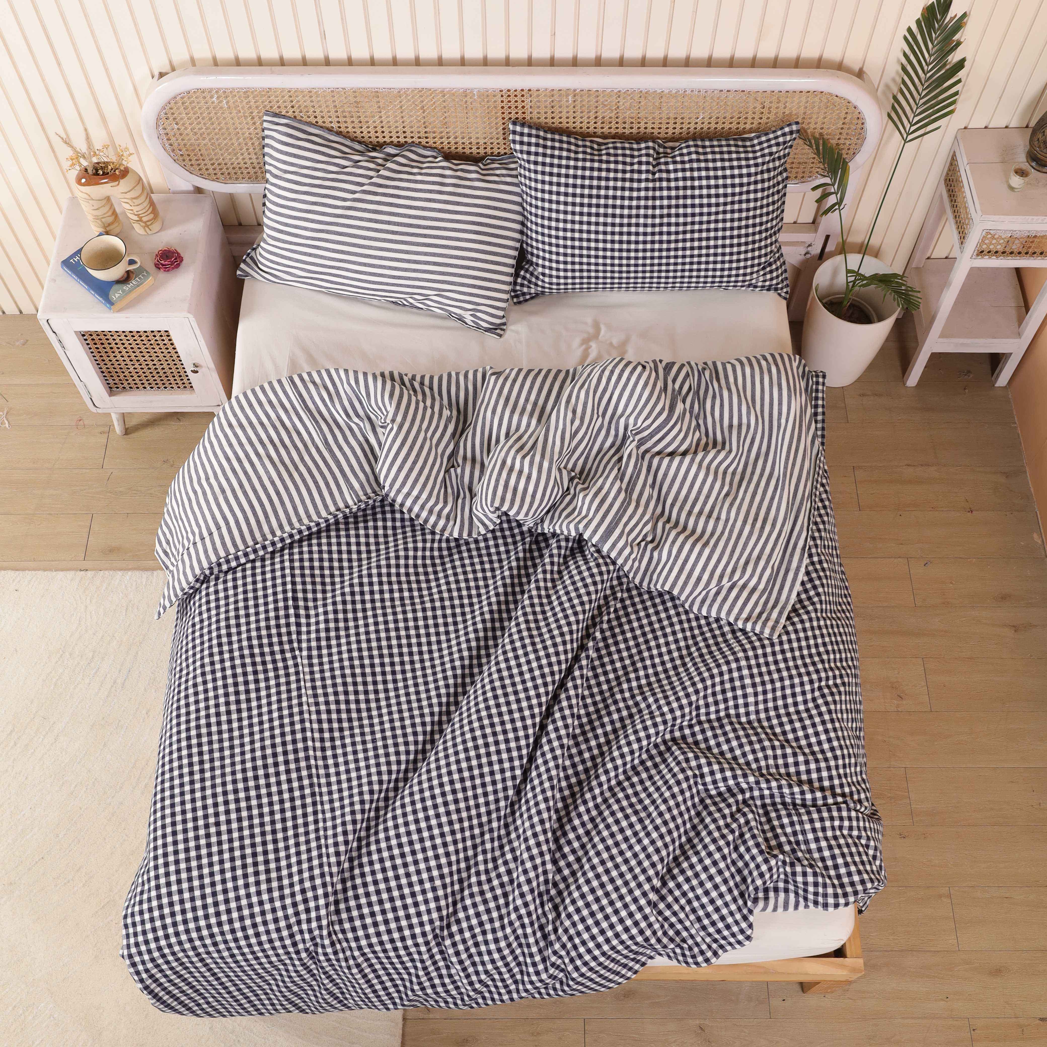 Reversible Blue Gingham & Stripe Bedding Set - 100% Cotton Duvet