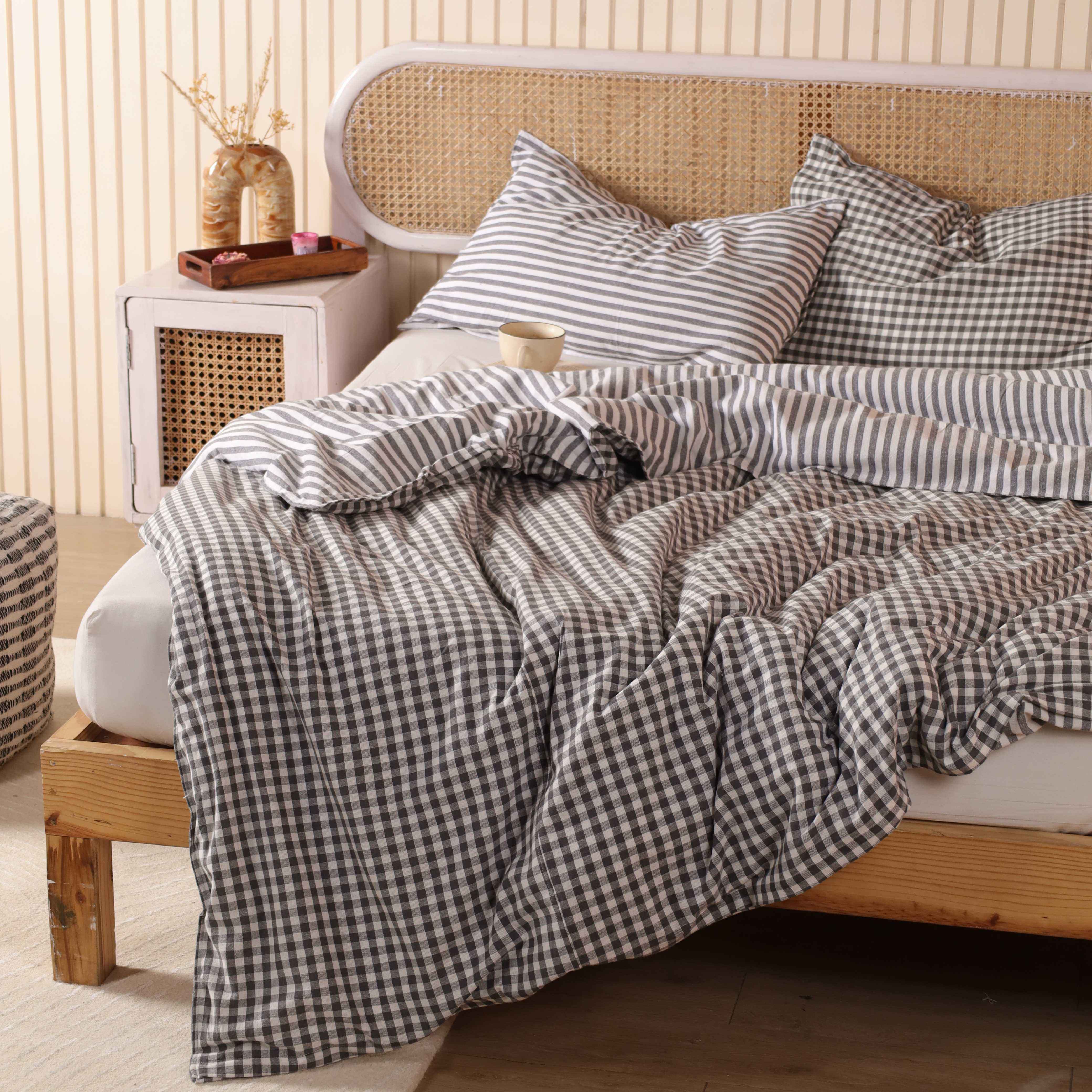 Blue-Grey Ticking Stripe & Gingham Reversible Cotton Bedding Set