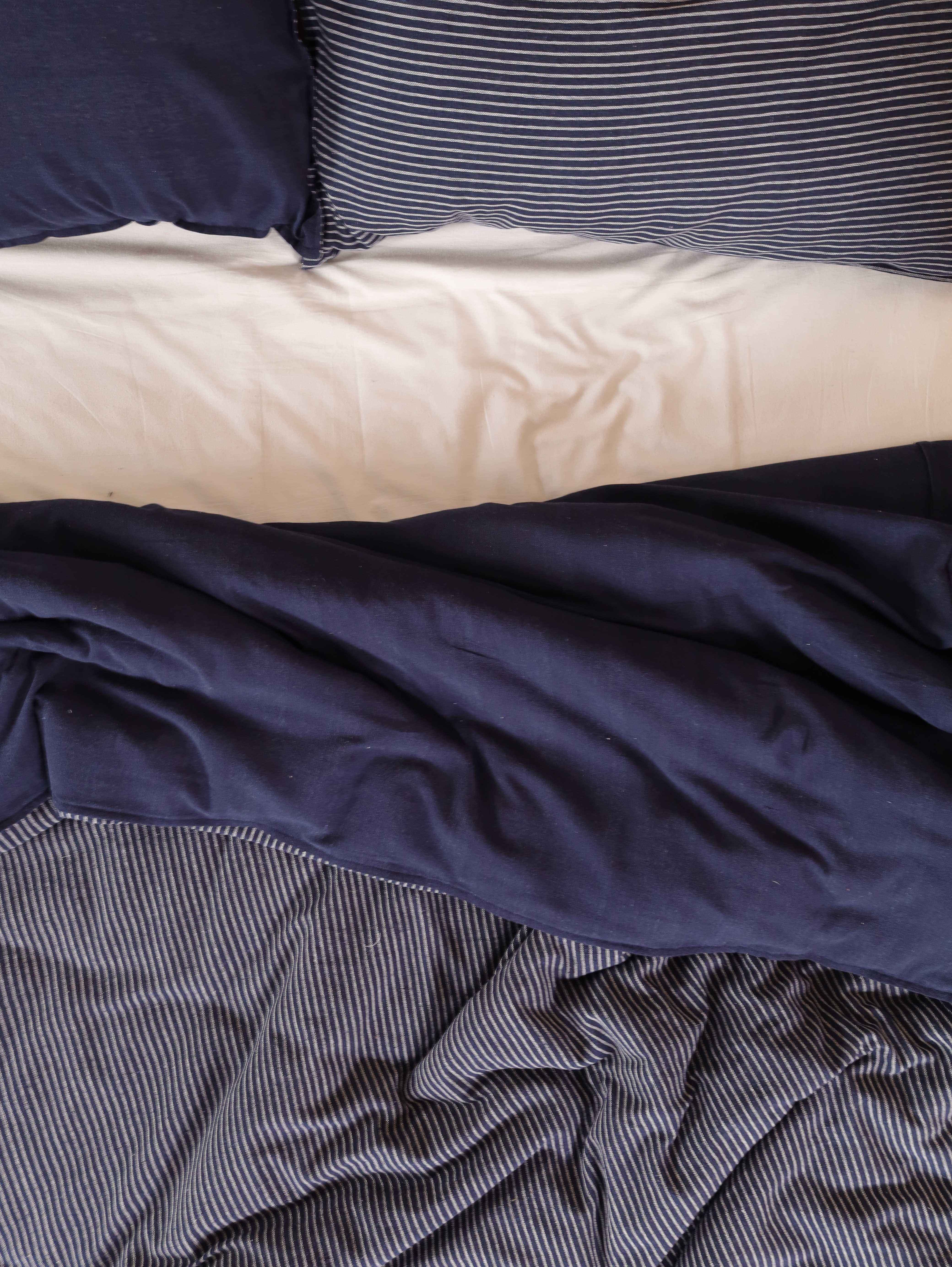 Navy Blue Reversible Duvet Cover Set - Striped Cotton Bedding