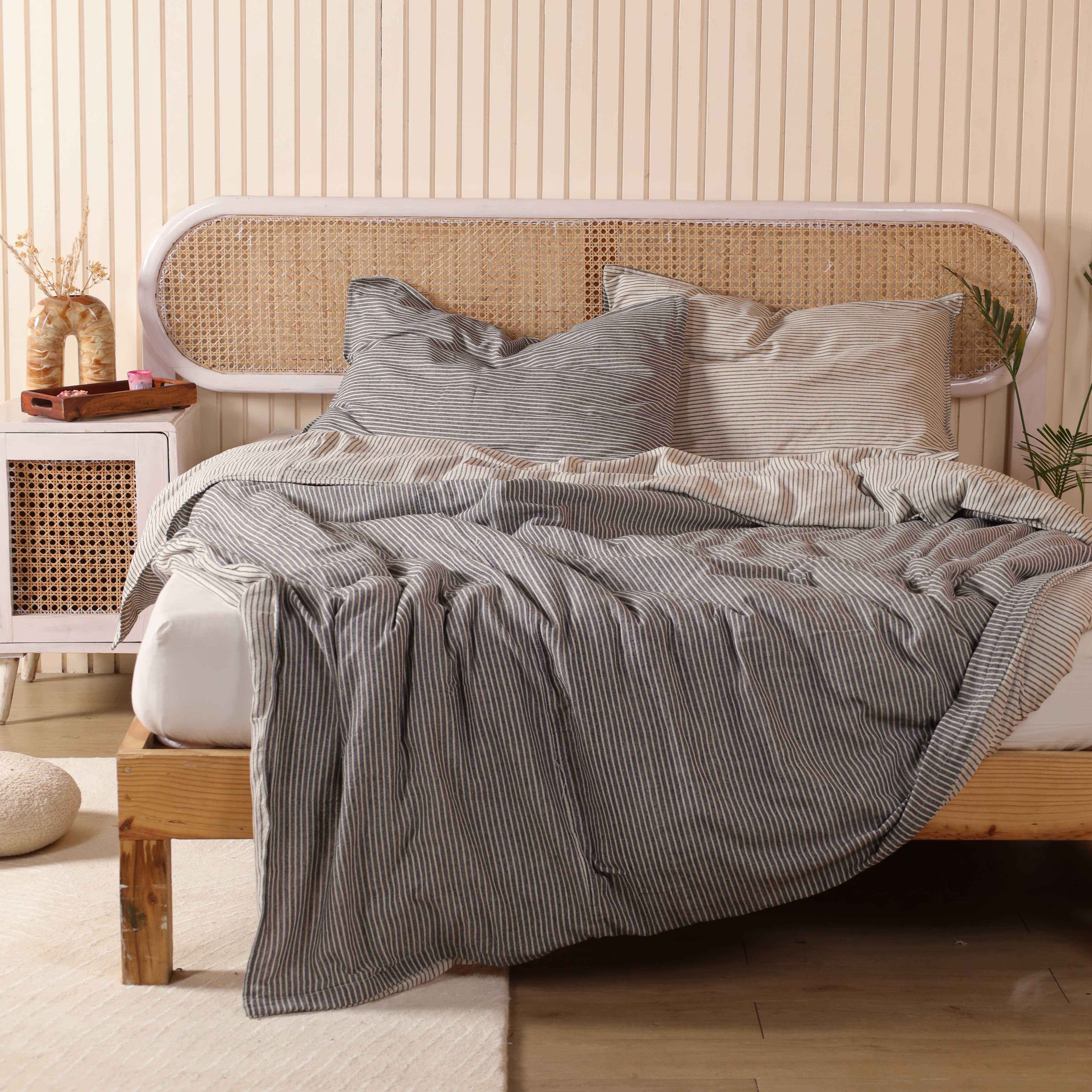 Reversible Slate & Beige Pinstripe Bedding - 2-in-1 Cotton Duvet Set