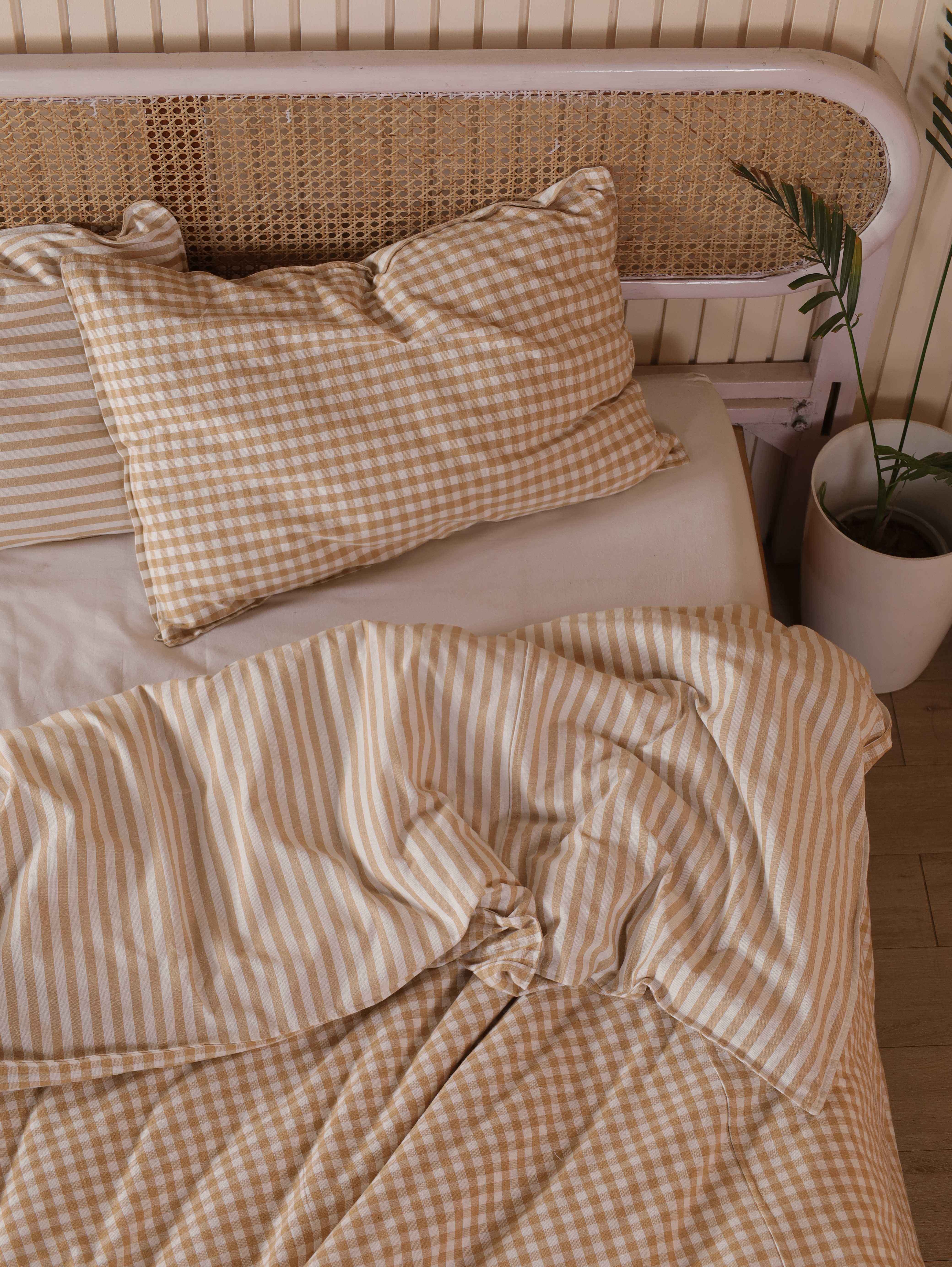 PRODUCT TITLE Cotton Gingham Check & Stripe Duvet Cover Set - Luxury Tan Neutral Reversible Bedding