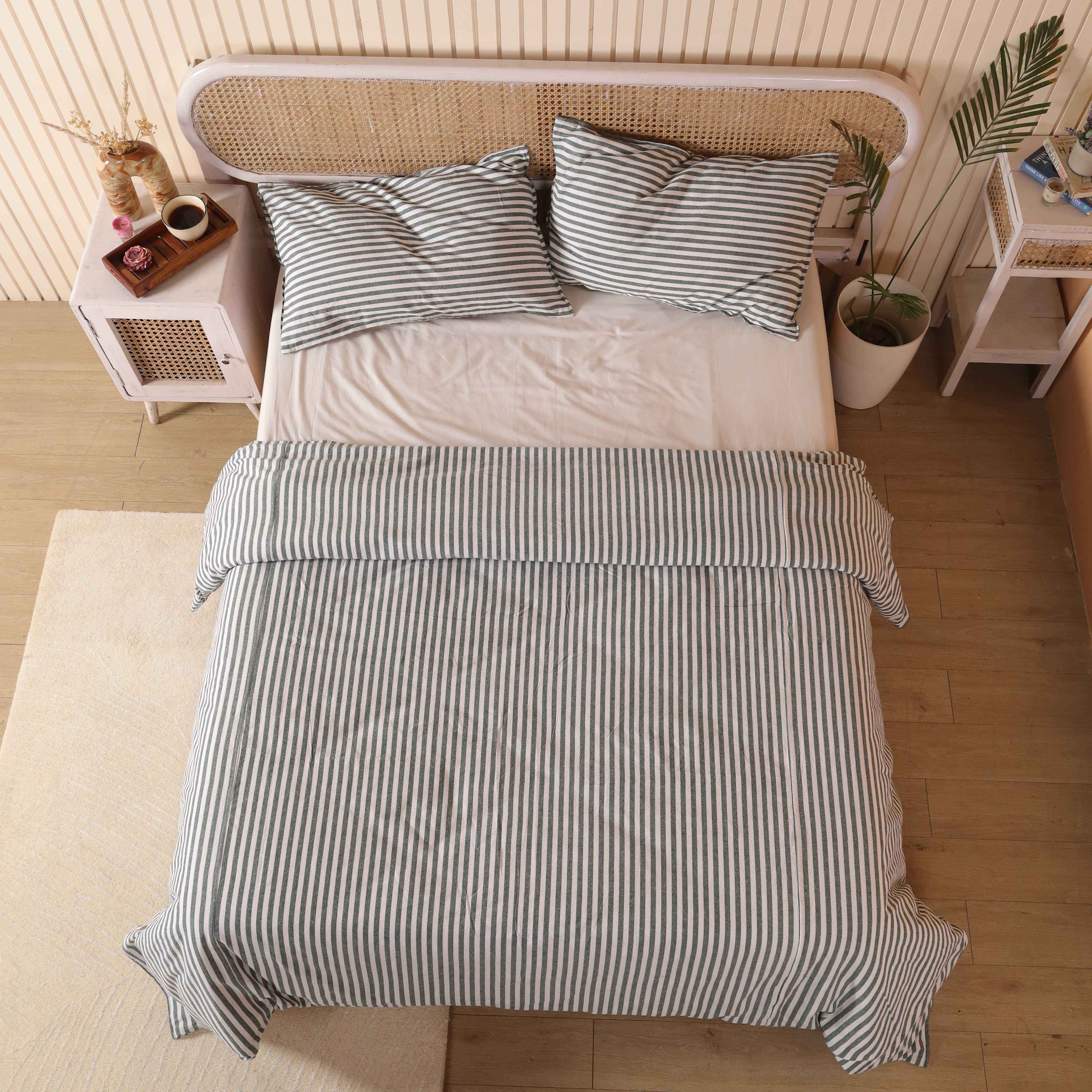 Sage Green Striped Cotton Bedding Set - Boho Duvet Cover & Shams
