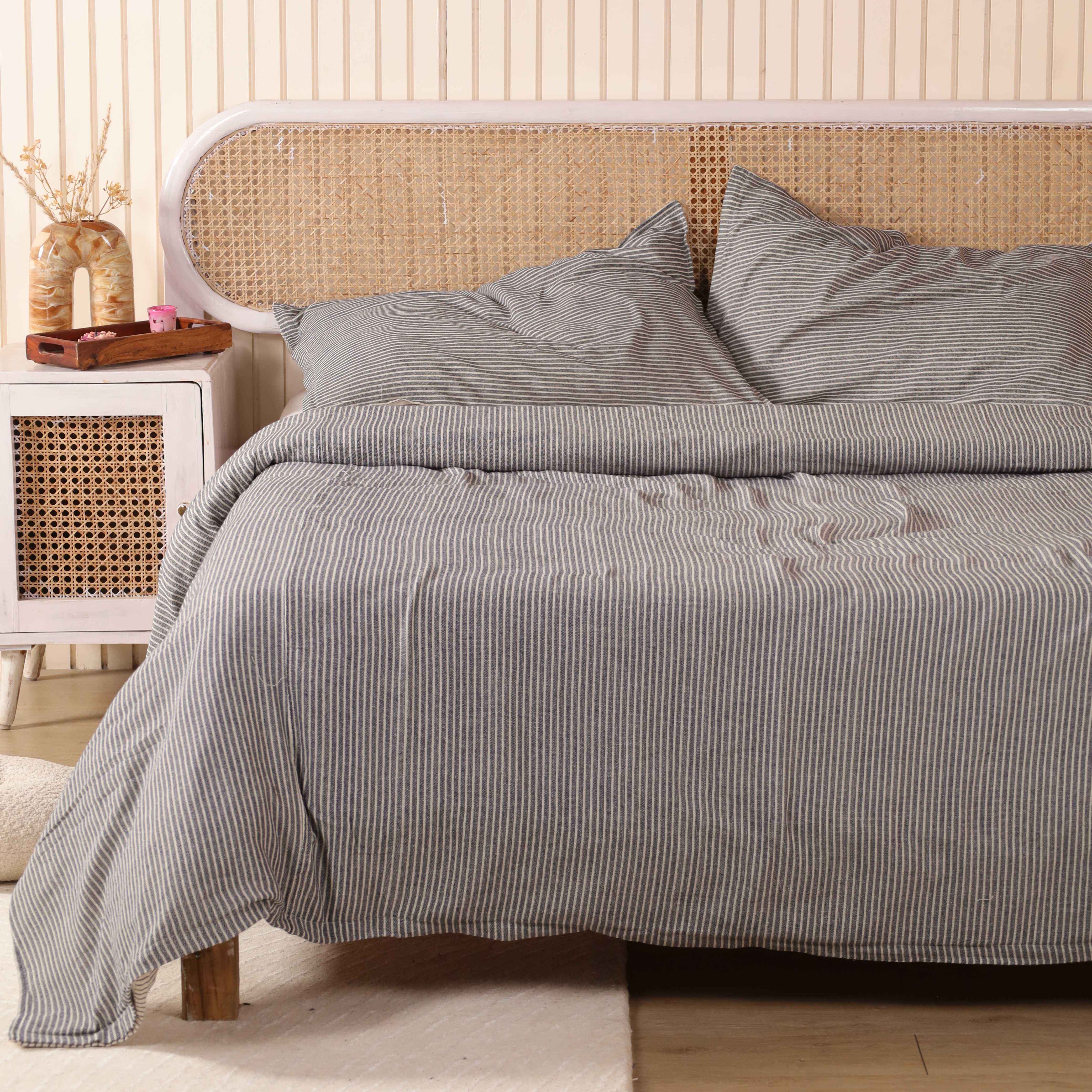 Charcoal Grey Pinstripe Cotton Duvet Set - Modern Boho Bedding