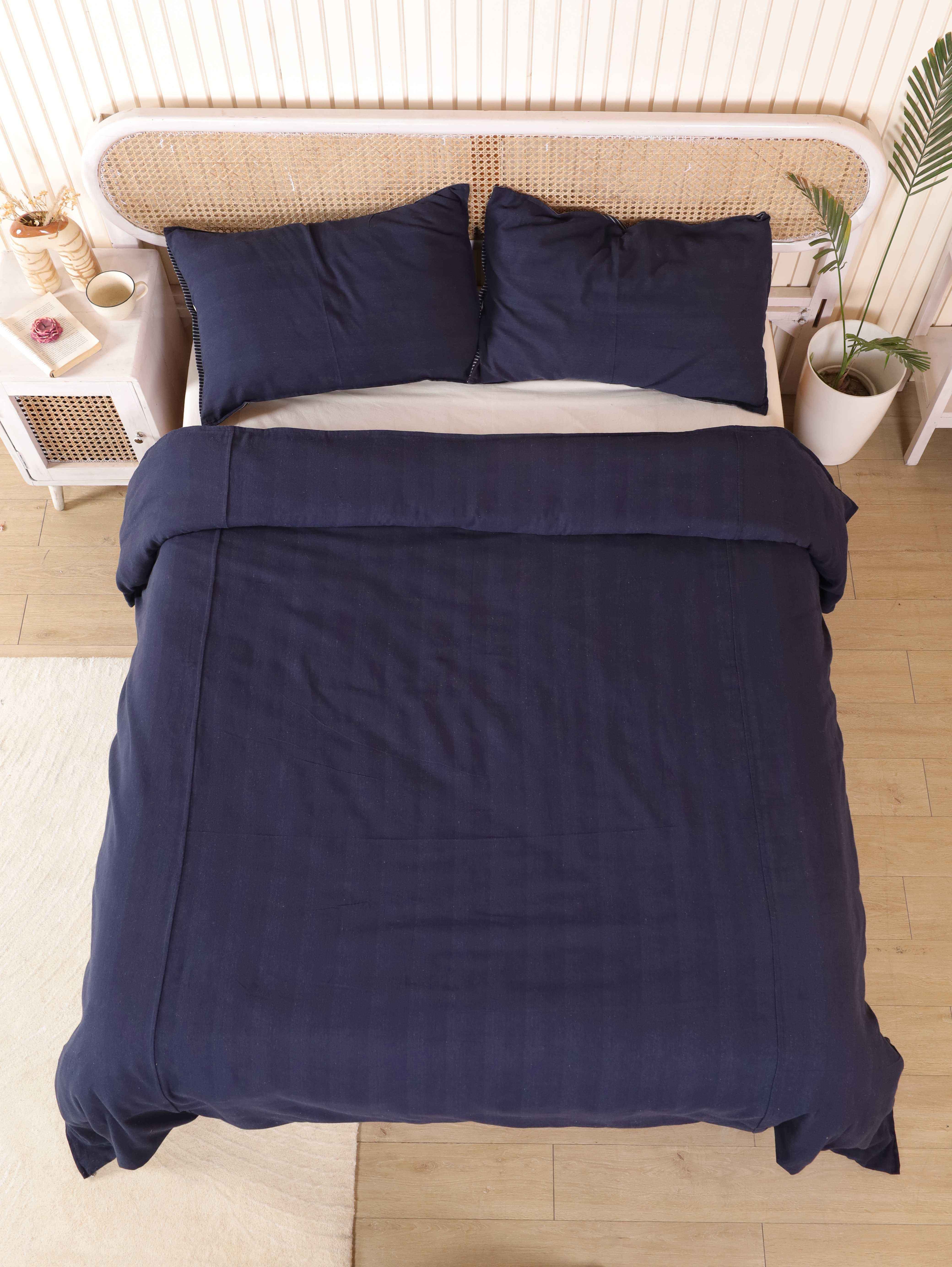 Solid Navy Blue Cotton Bedding Set - Deep Indigo Boho Duvet Cover
