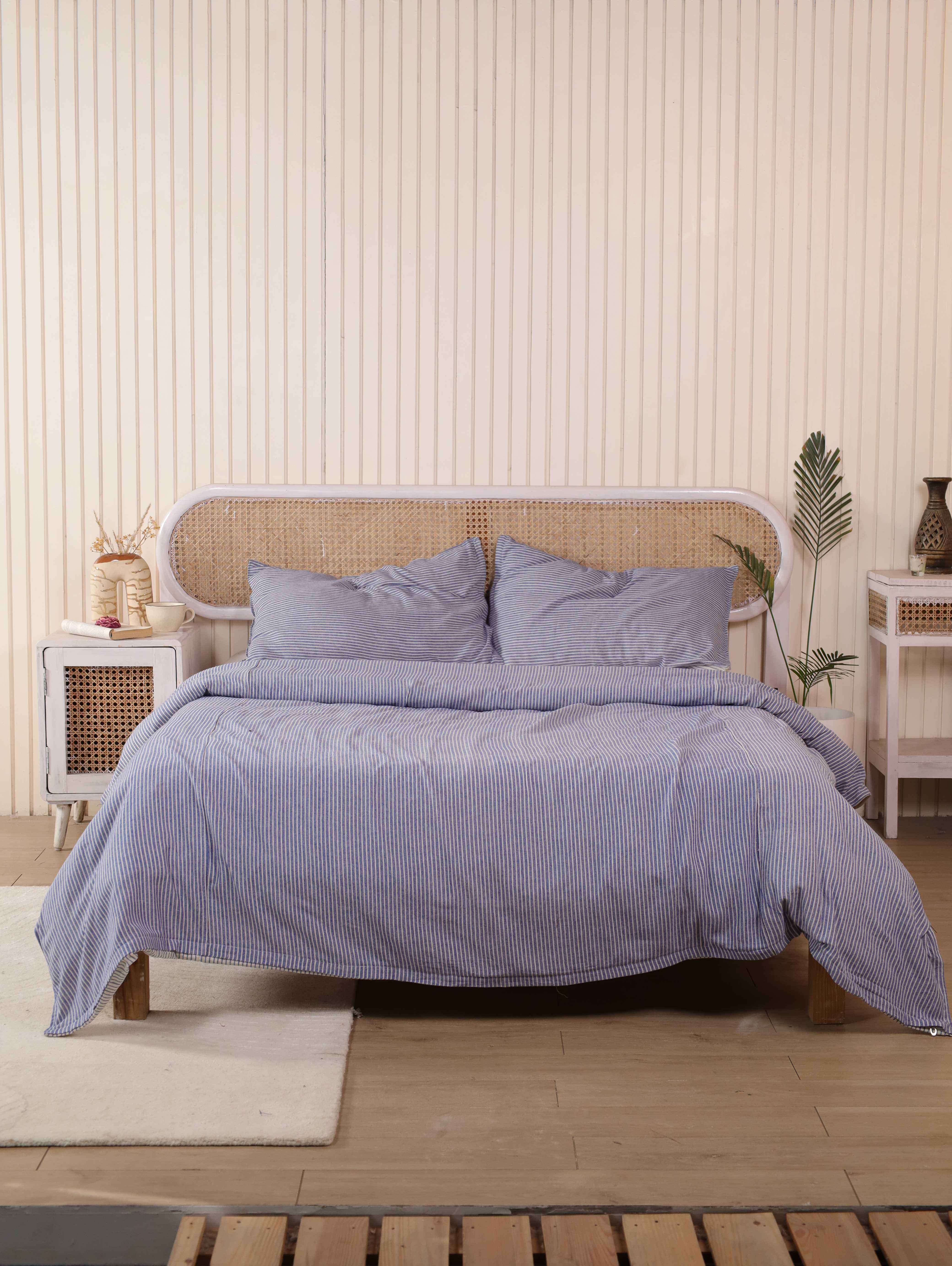 Blue Pinstripe Cotton Duvet Cover Set - Striped Coastal Bedding