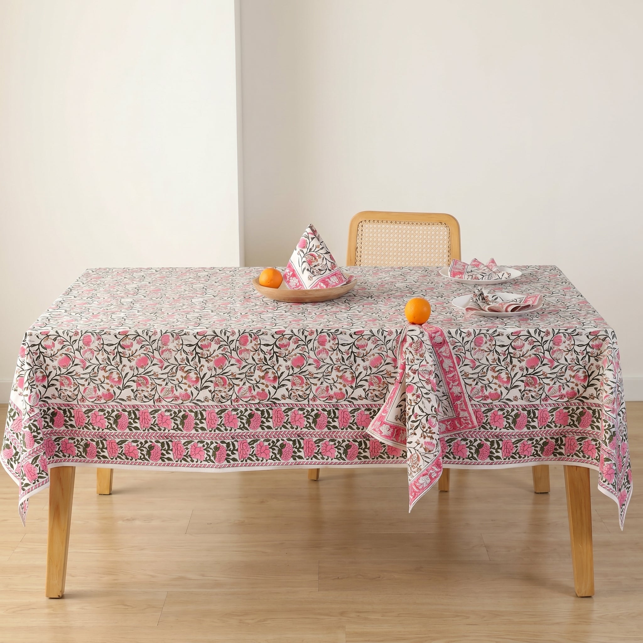 Hand-Block Printed Floral Cotton Tablecloth | Pink & Green Botanical Rectangular Table Cover for Dining & Events