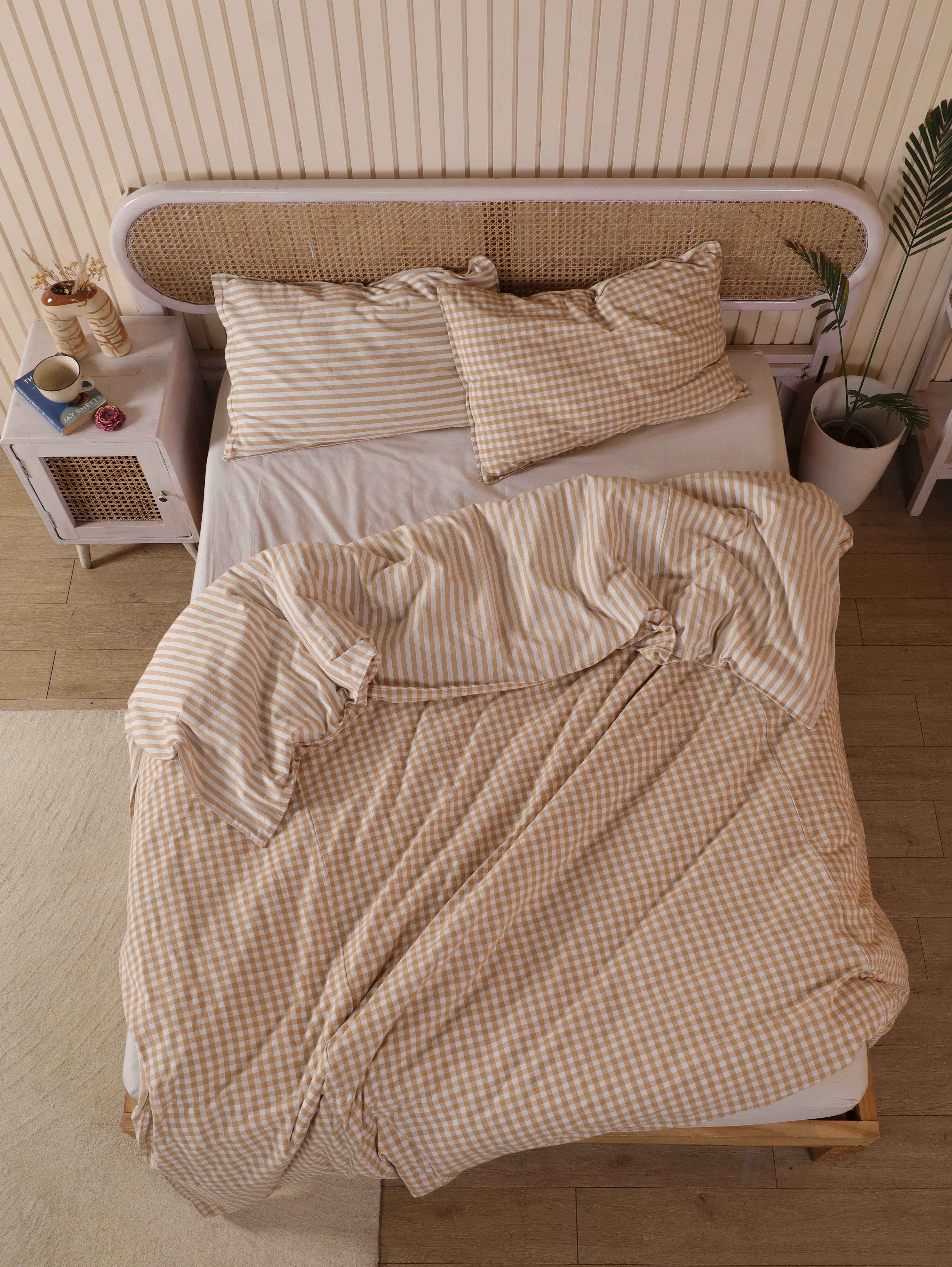 PRODUCT TITLE Cotton Gingham Check & Stripe Duvet Cover Set - Luxury Tan Neutral Reversible Bedding