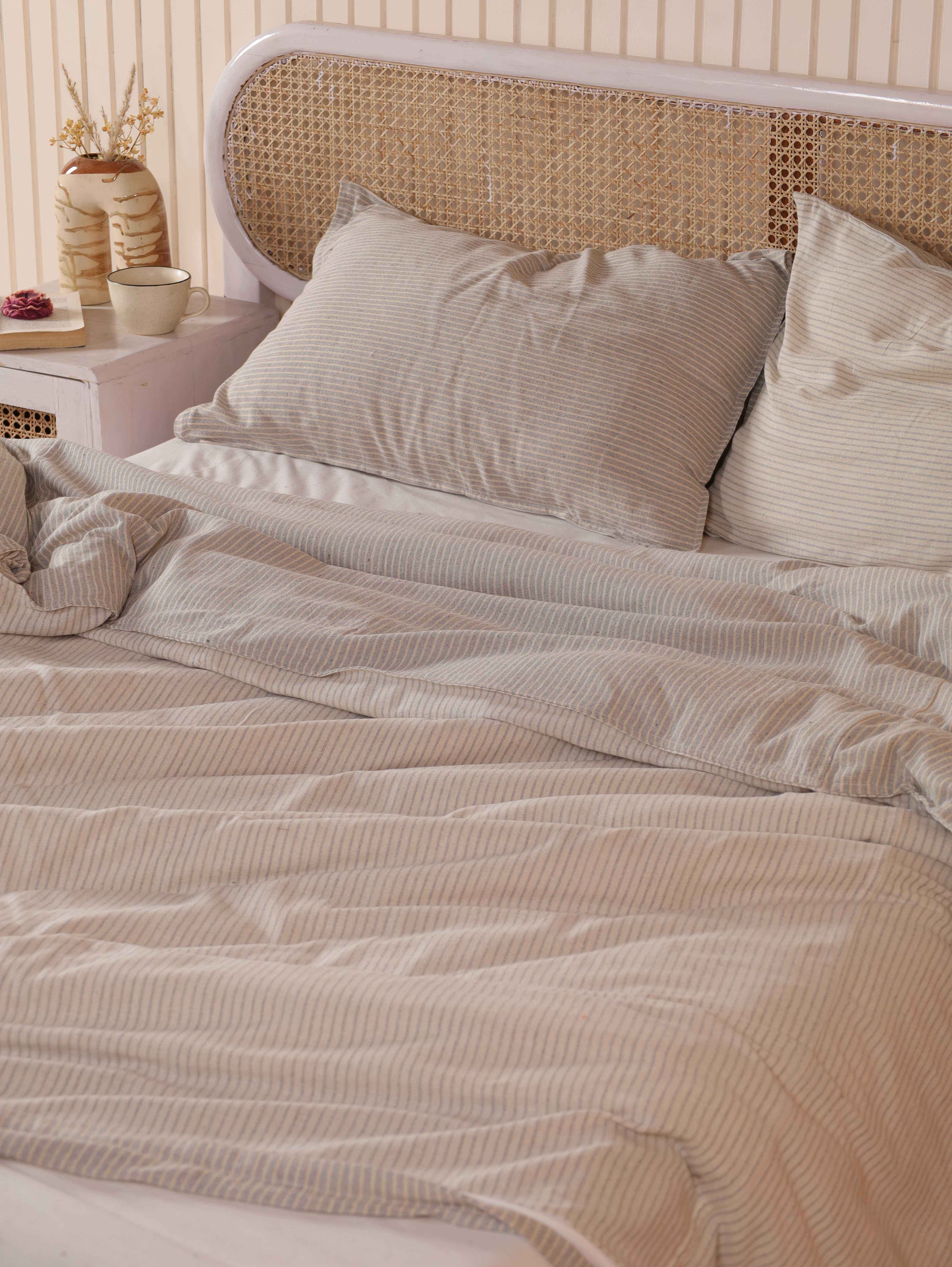 Taupe Pinstripe Cotton Duvet Cover Set - Reversible Earthy Bedding