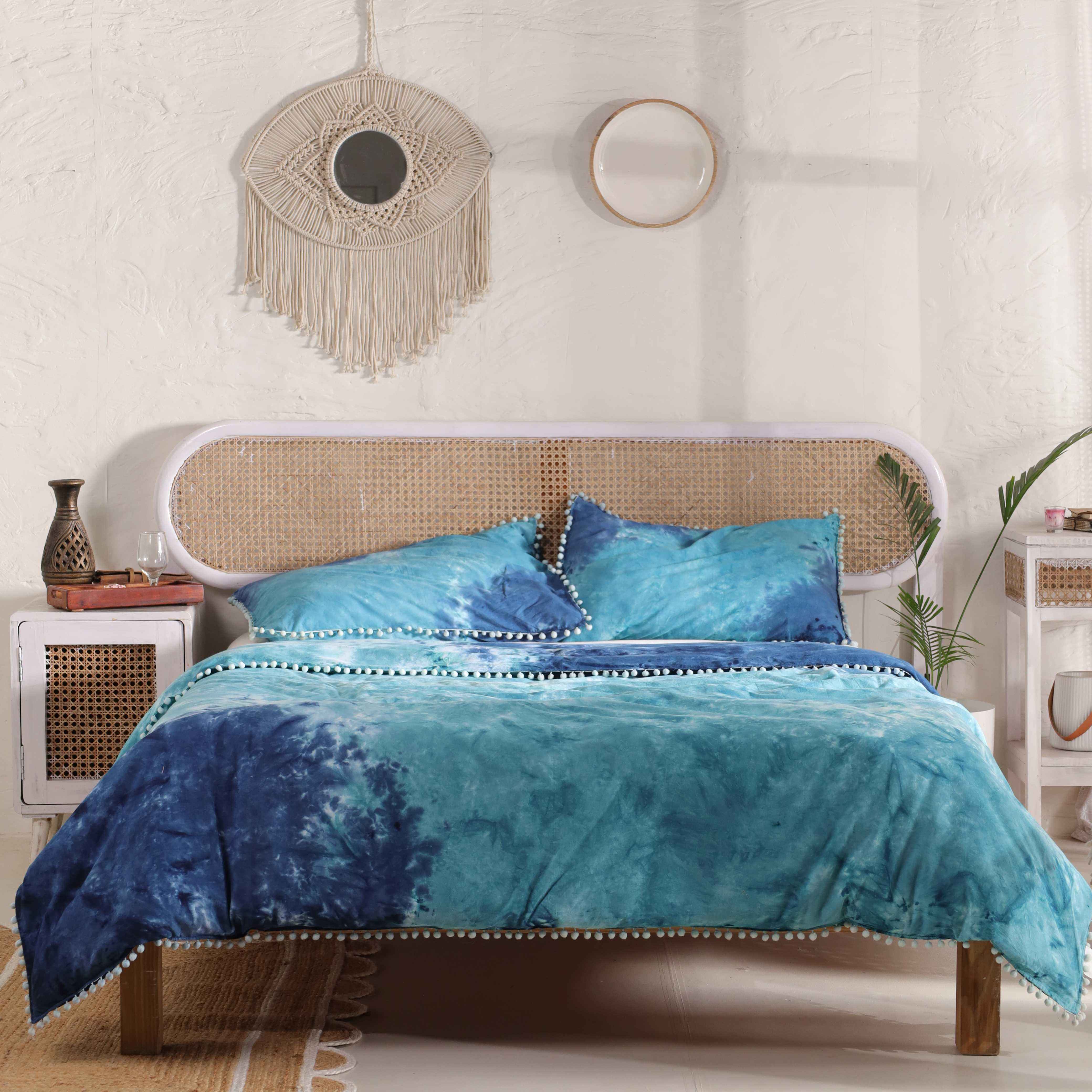 Aqua Teal Tie Dye Bedding Set - Coastal Cotton Duvet with Pom Poms