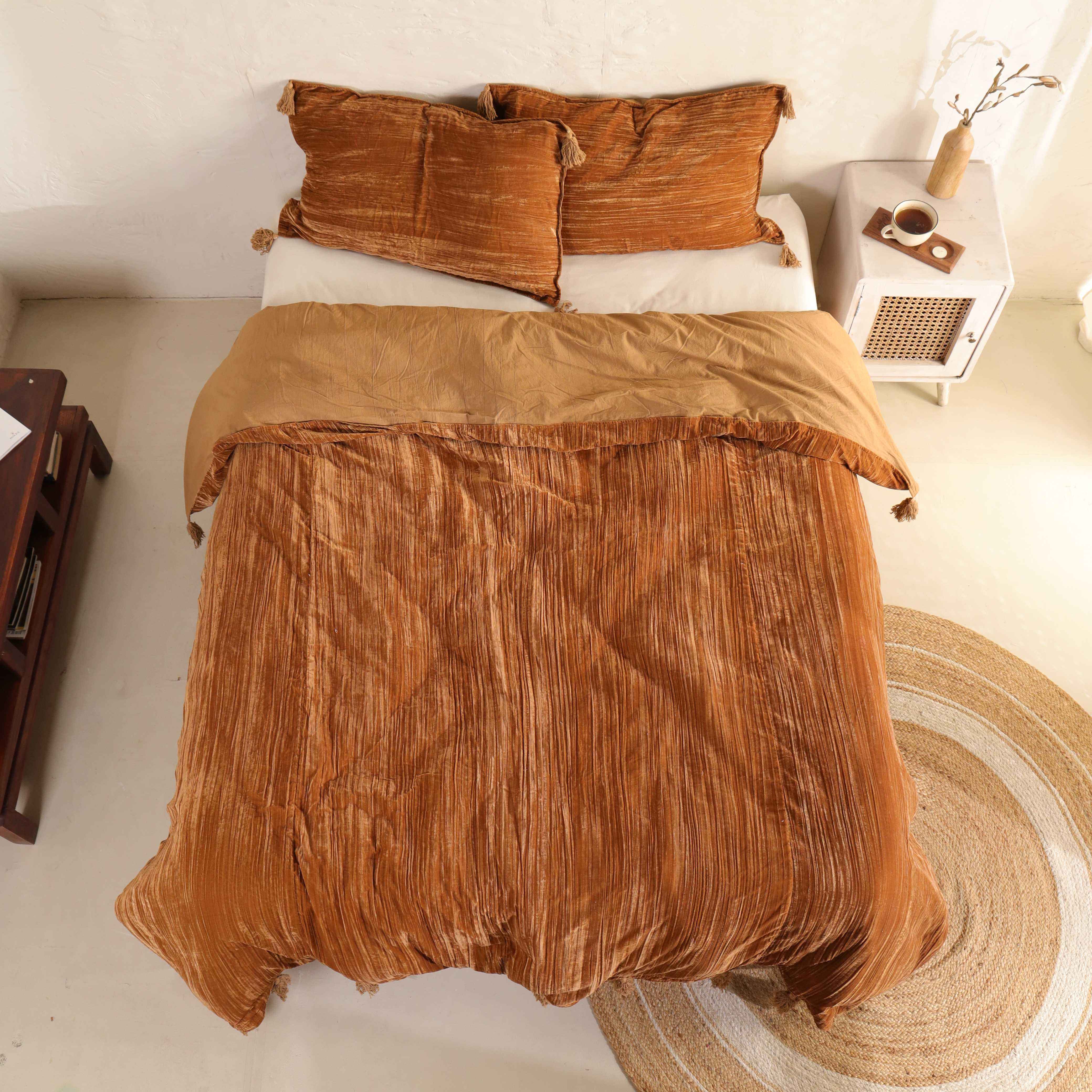 Velvet Duvet Cover Set - Luxury Burnt Orange Boho Bedding with Tassels - 3 Piece Soft Textured Bedding Set