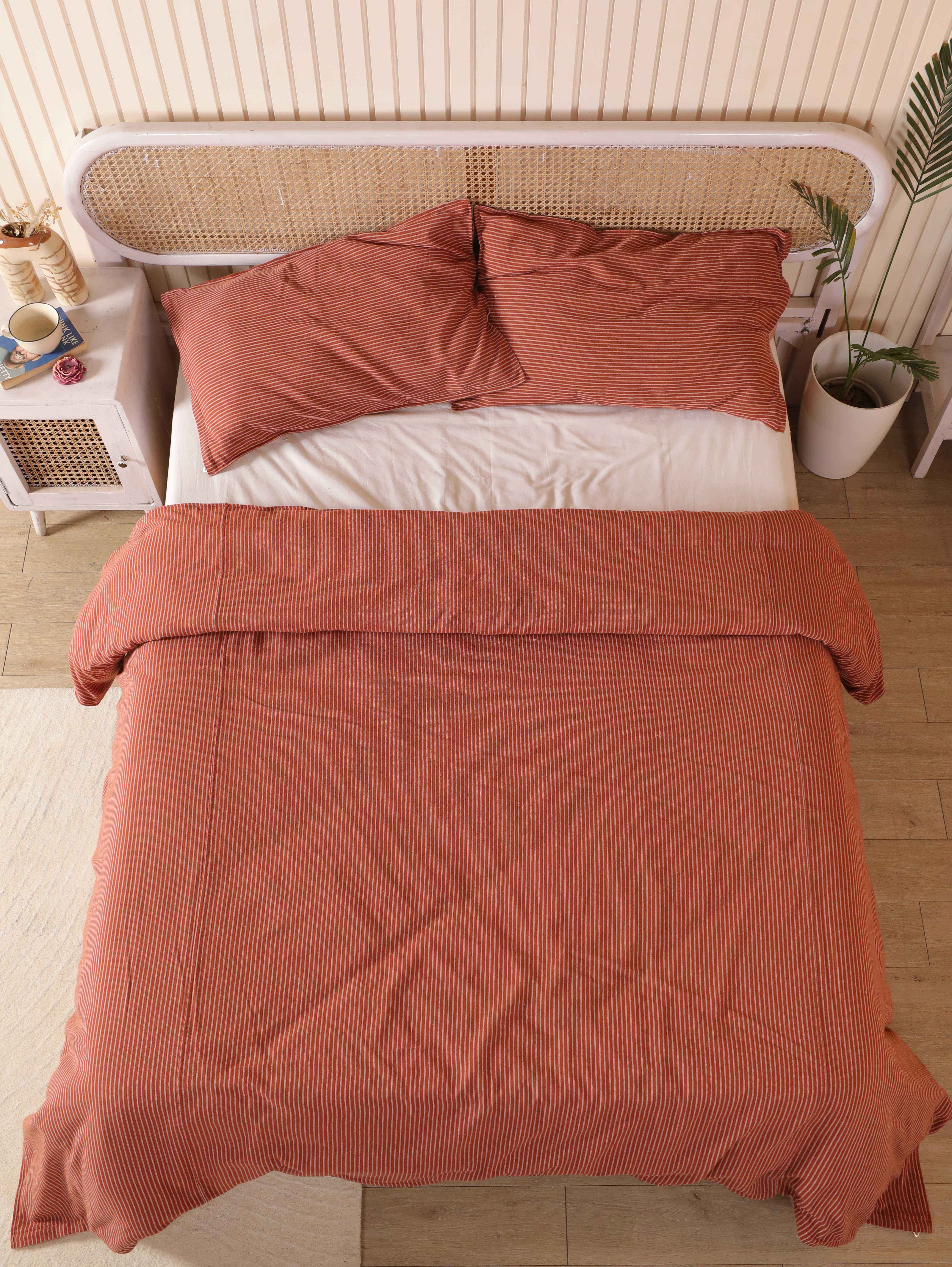 Terracotta Pinstripe Cotton Bedding Set - Rust Boho Duvet Cover