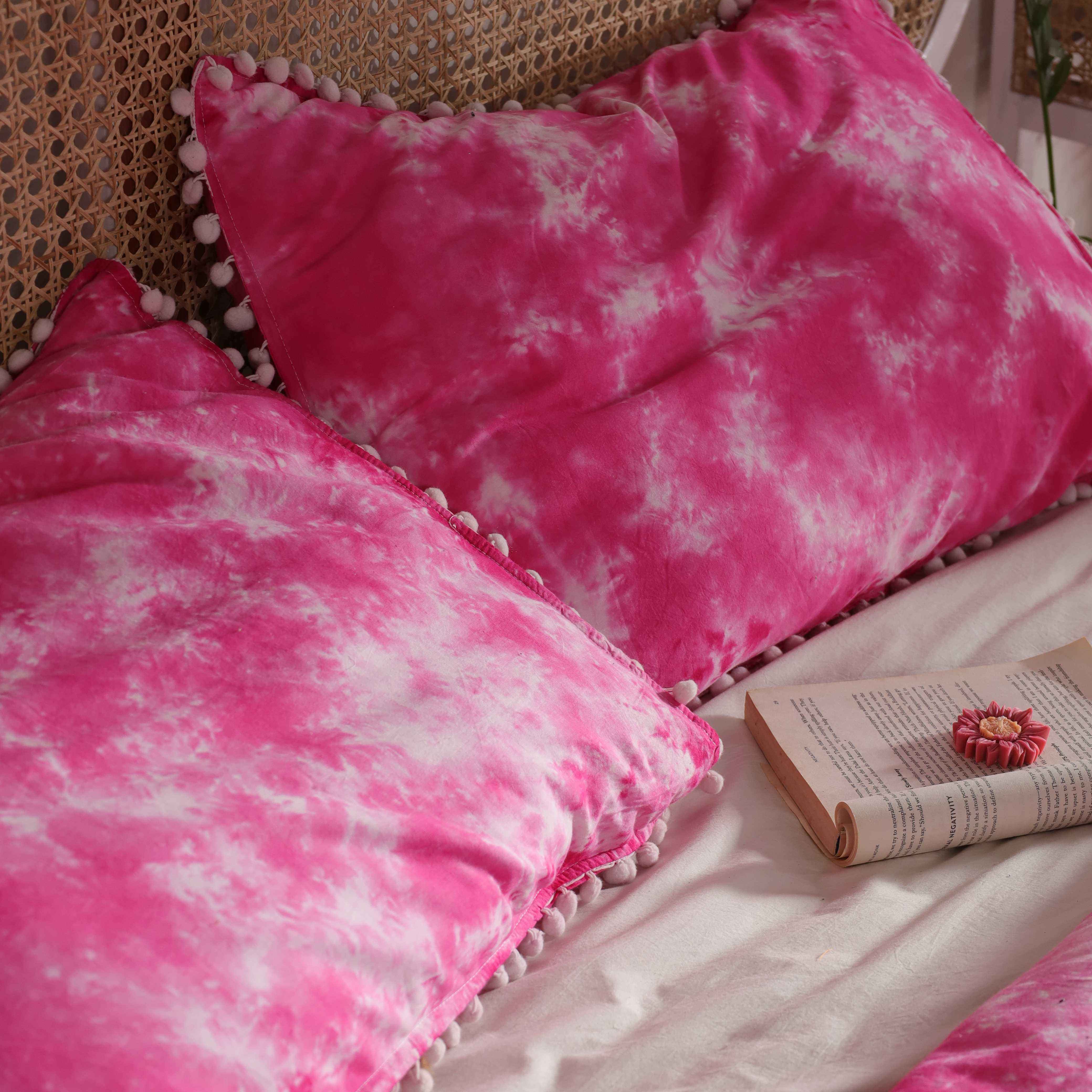 Pink Tie Dye Cotton Duvet Cover Set - Boho Pom-Pom Fringe Bedding - 3 Piece Soft Breathable Aesthetic Bedding