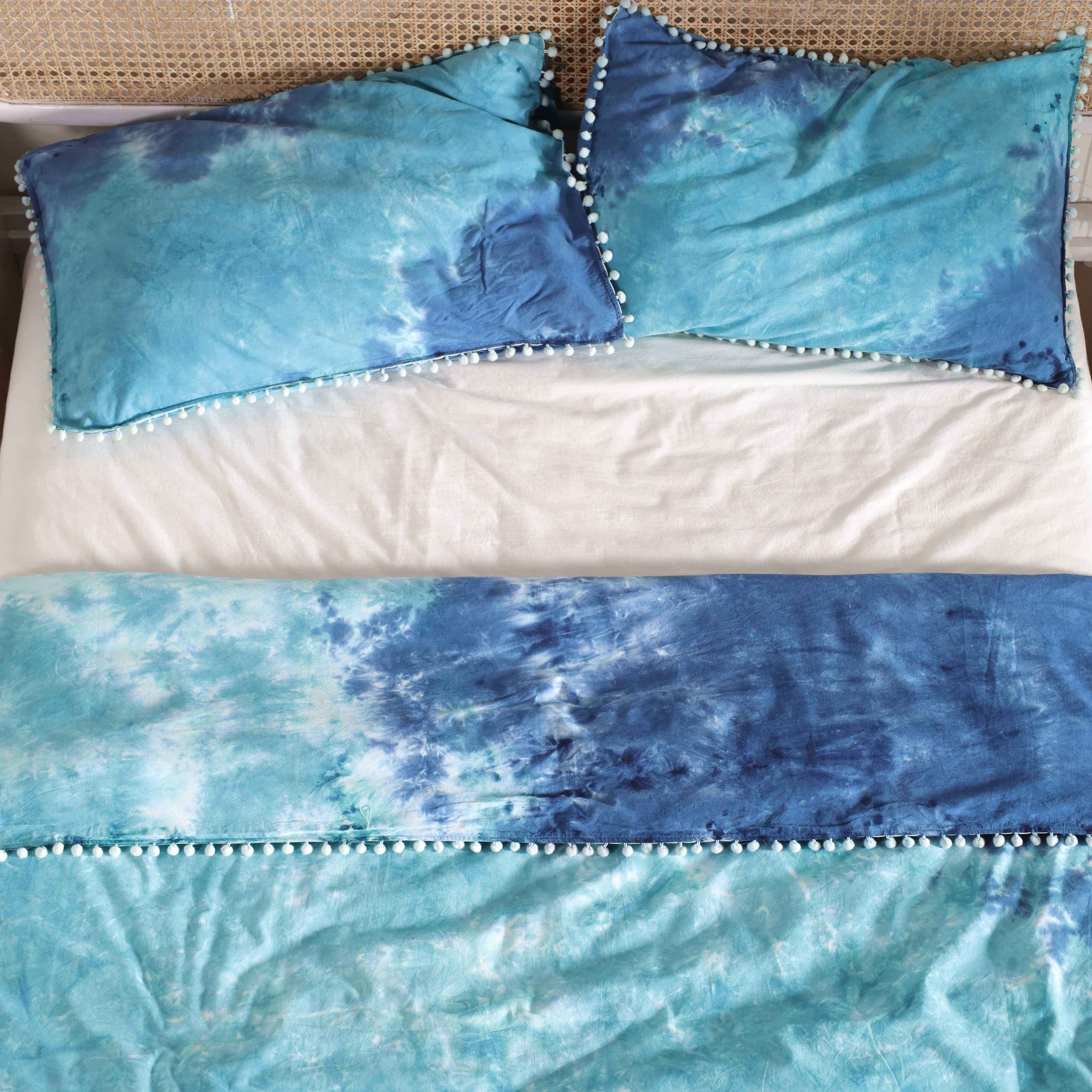 Aqua Teal Tie Dye Bedding Set - Coastal Cotton Duvet with Pom Poms