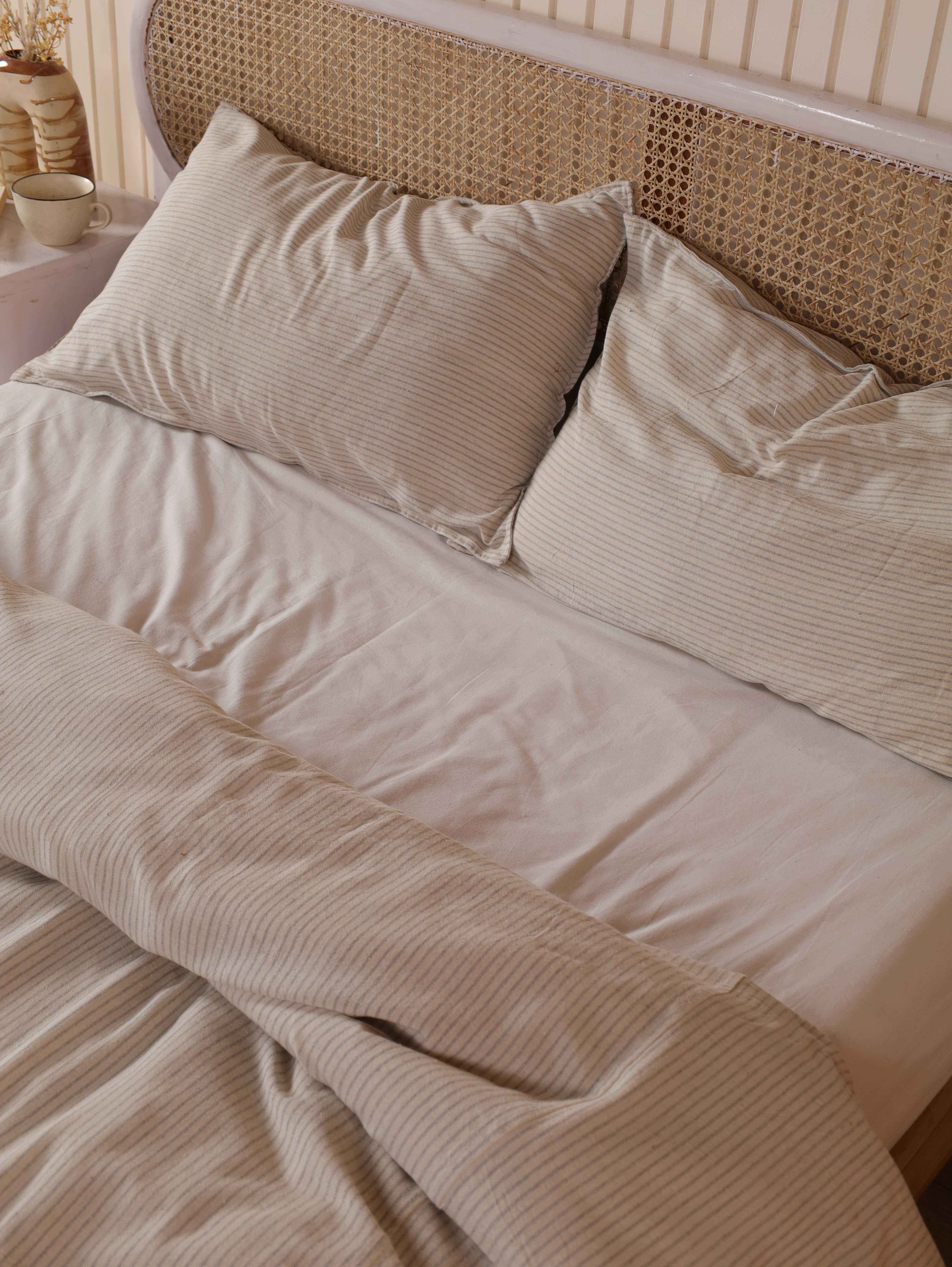 Beige Pinstripe Cotton Duvet Cover Set - Oatmeal Striped Bedding