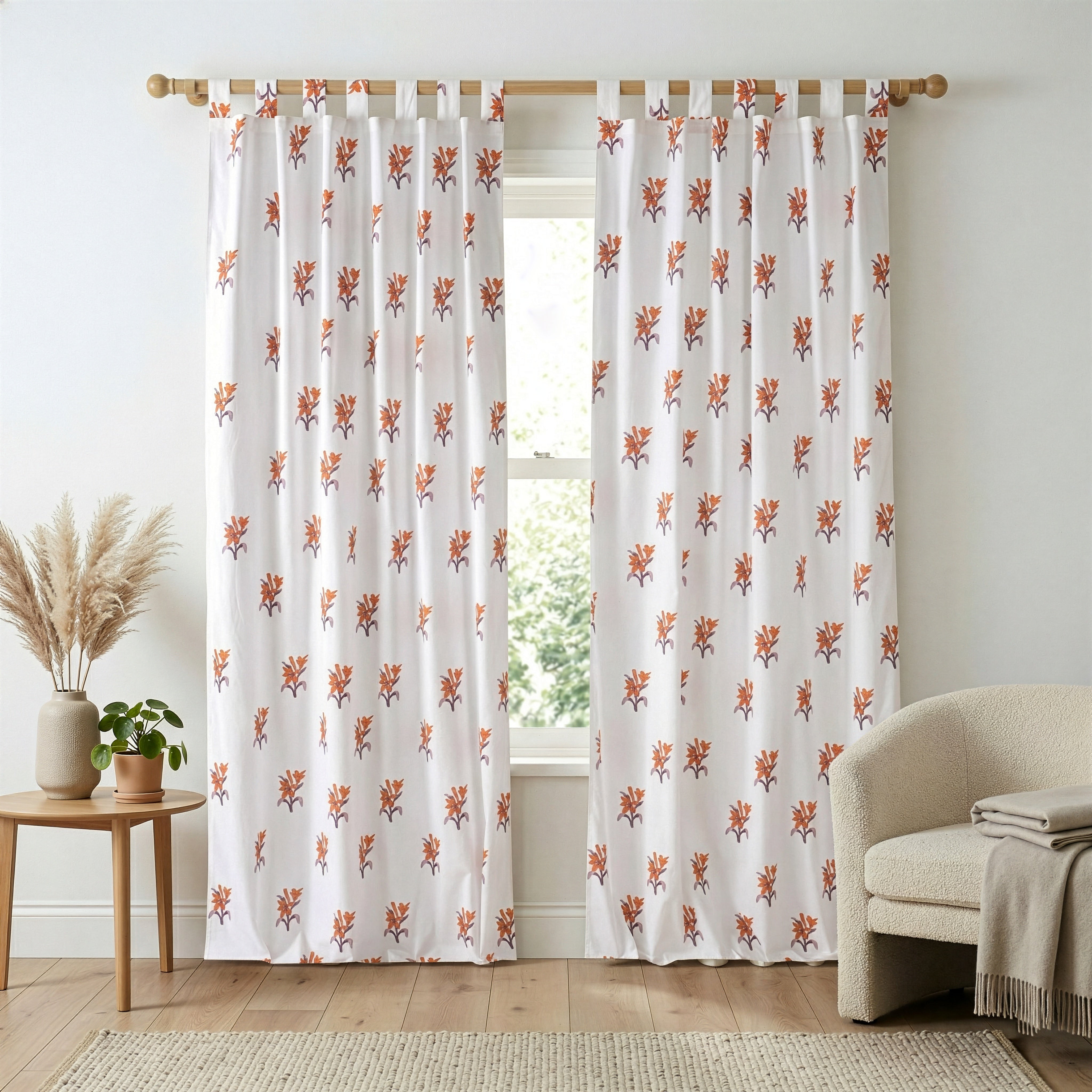 Premium 100% Cotton Floral Curtains – Modern Orange Lily Print Tab Top Window Drapes for Living Room & Bedroom