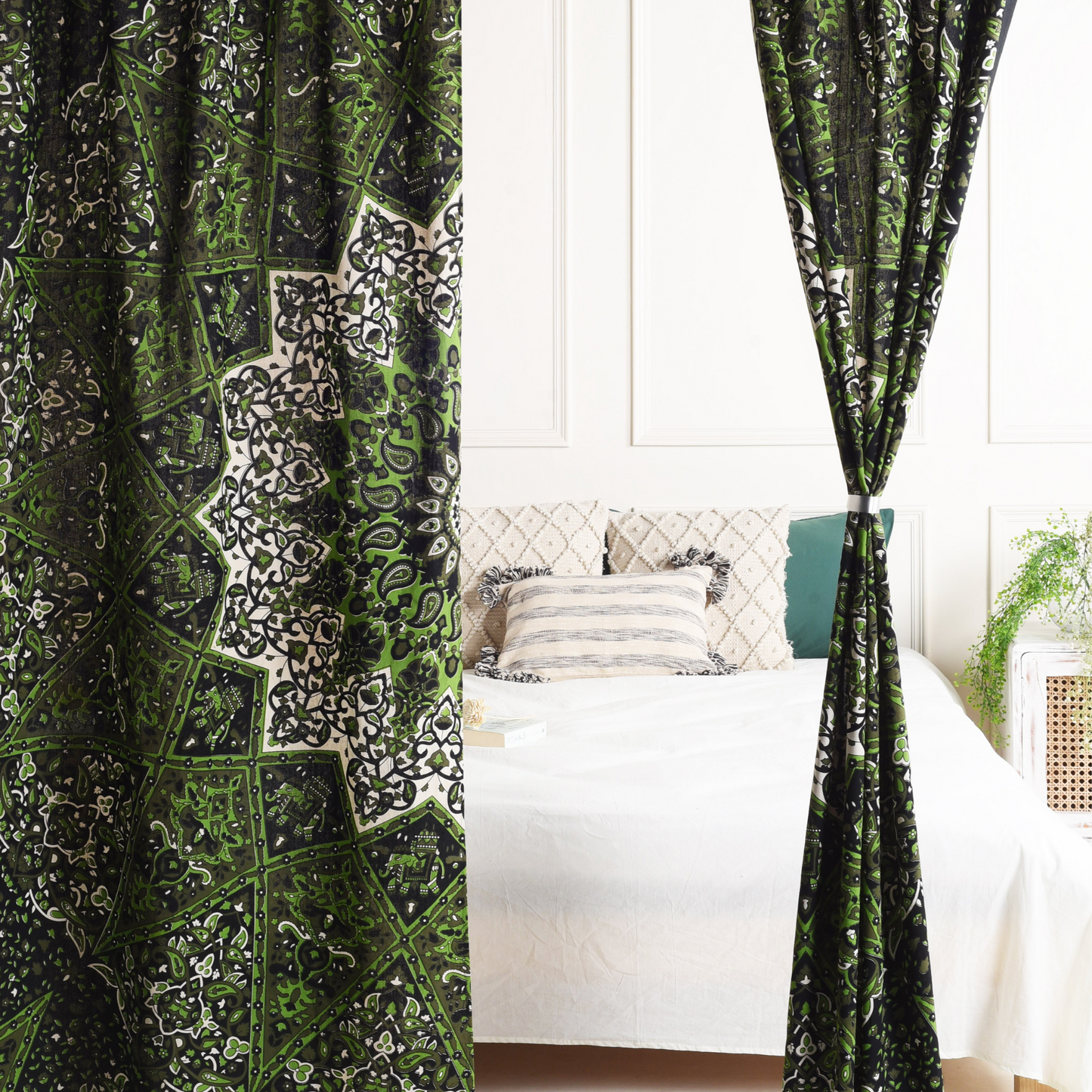 Green Lotus Pure Cotton Mandala Curtains - 2 Panel Set